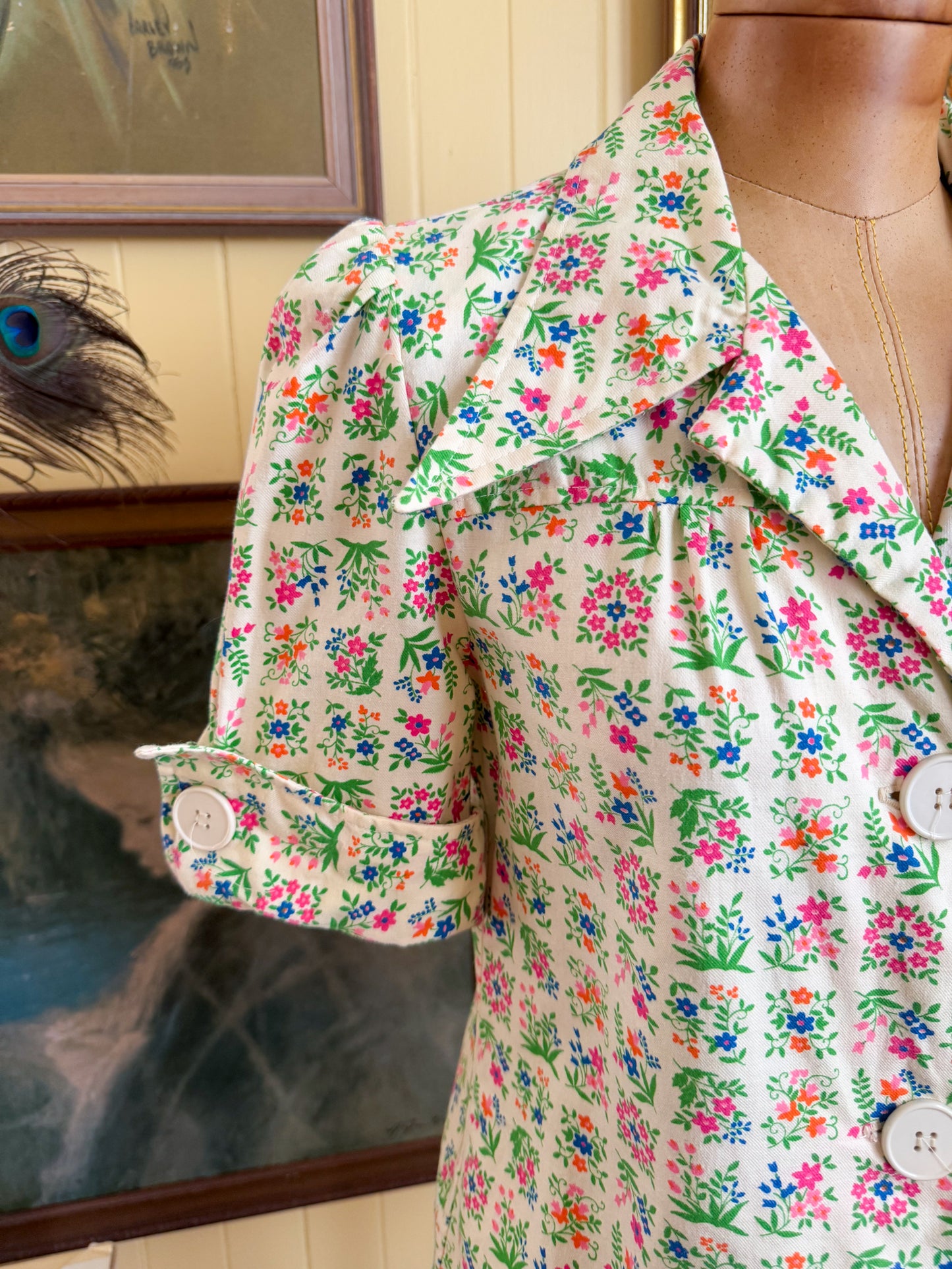 VINTAGE 1970S BINDI OF MELBOURNE COTTON FLORAL PRINT COLLARED SHIRT JACKET S/M