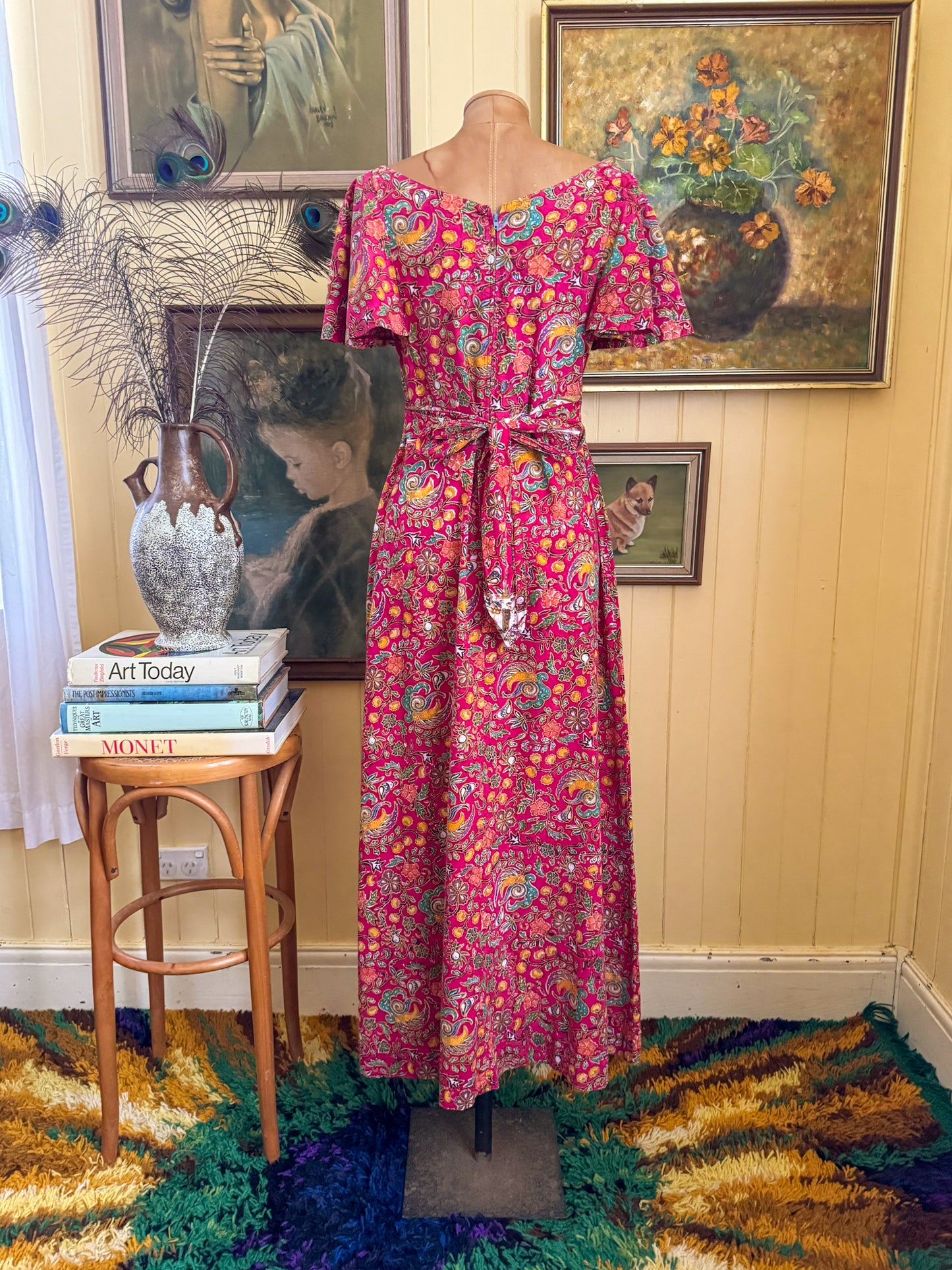 VINTAGE 1970S JAPANESE COTTON BATIK PRINT MAXI PEASANT DRESS S/M