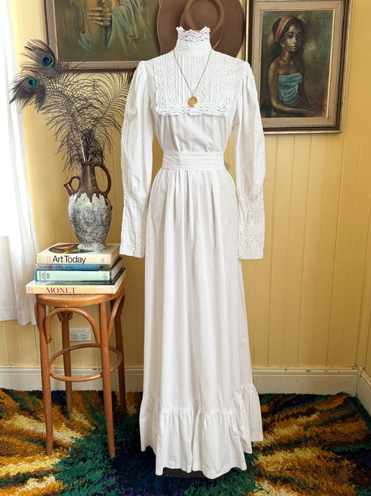 VINTAGE 1970S ENGLISH LAURA ASHLEY COTTON MAXI VICTORIANA PRAIRIE DRESS M