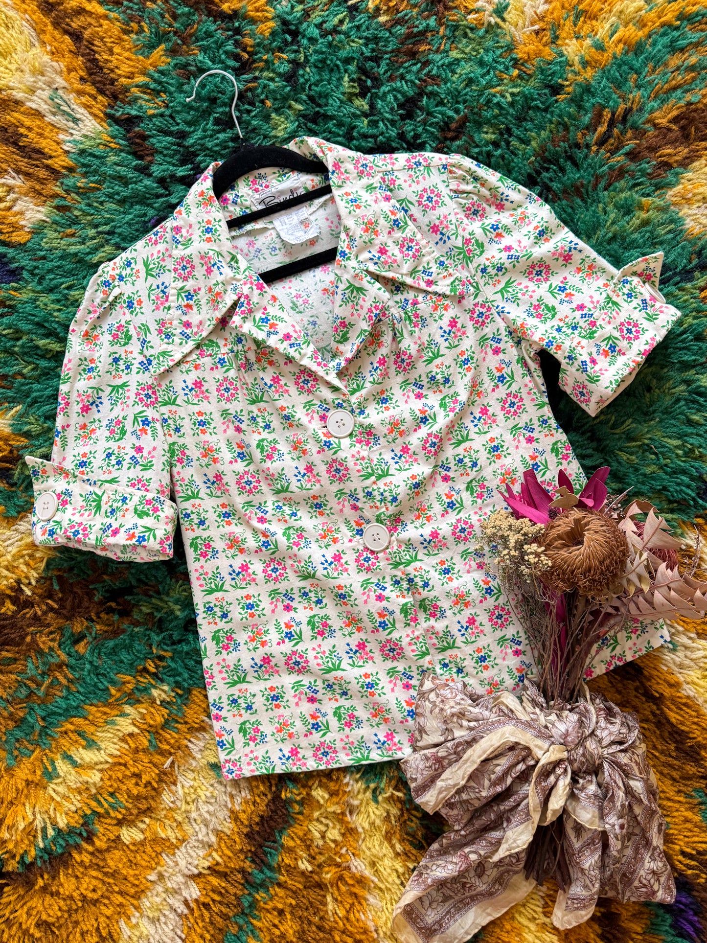 VINTAGE 1970S BINDI OF MELBOURNE COTTON FLORAL PRINT COLLARED SHIRT JACKET S/M