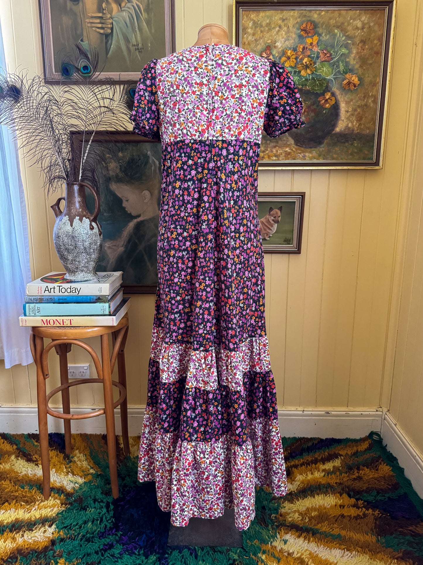 VINTAGE 1970S ST TROPEZ COTTON FLORAL PRINT TIERED MAXI DRESS S