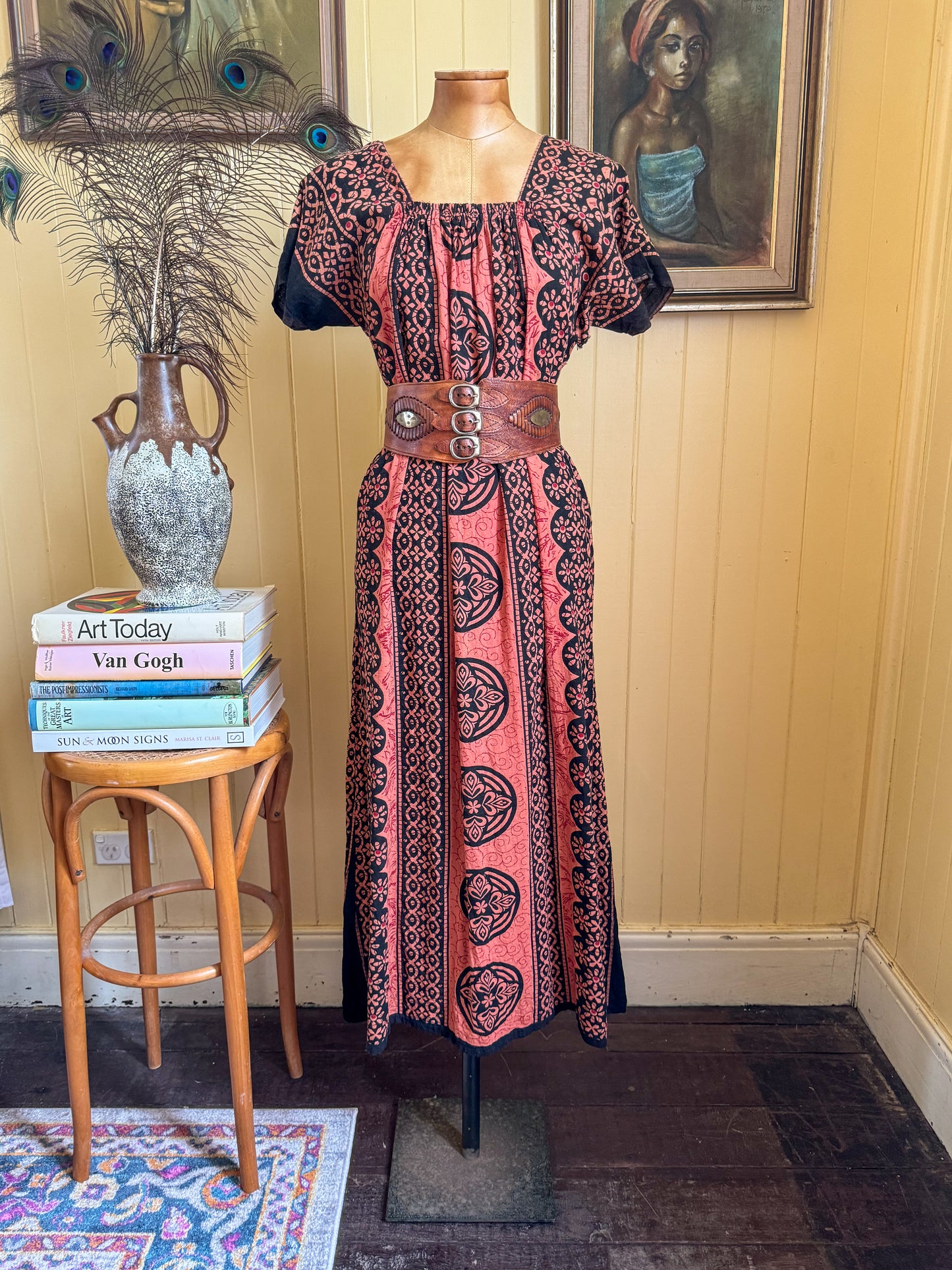 VINTAGE 1980S COTTON BATIK PRINT MAXI SMOCK DRESS M