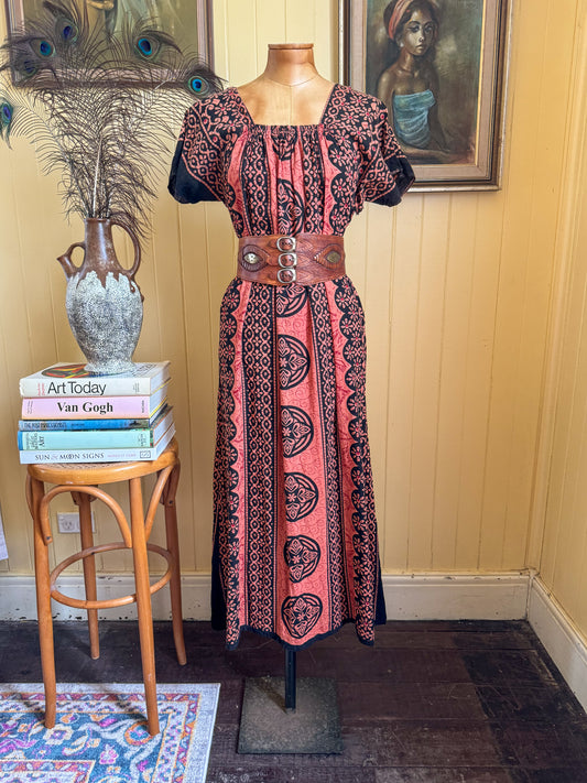 VINTAGE 1980S COTTON BATIK PRINT MAXI SMOCK DRESS M