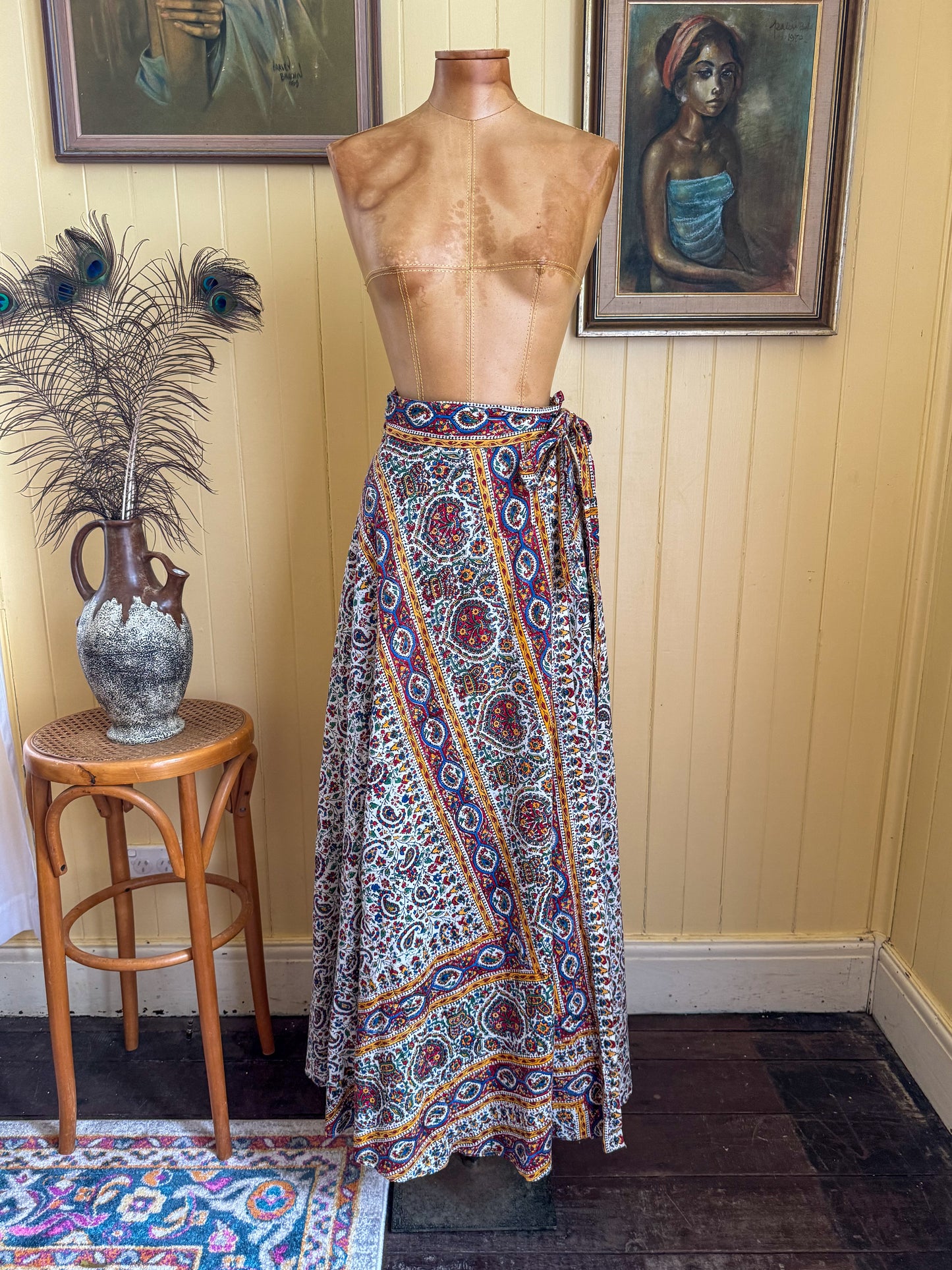 VINTAGE 1970S AYESHA DAVAR INDIAN COTTON BLOCK PRINT WRAP MAXI SKIRT M