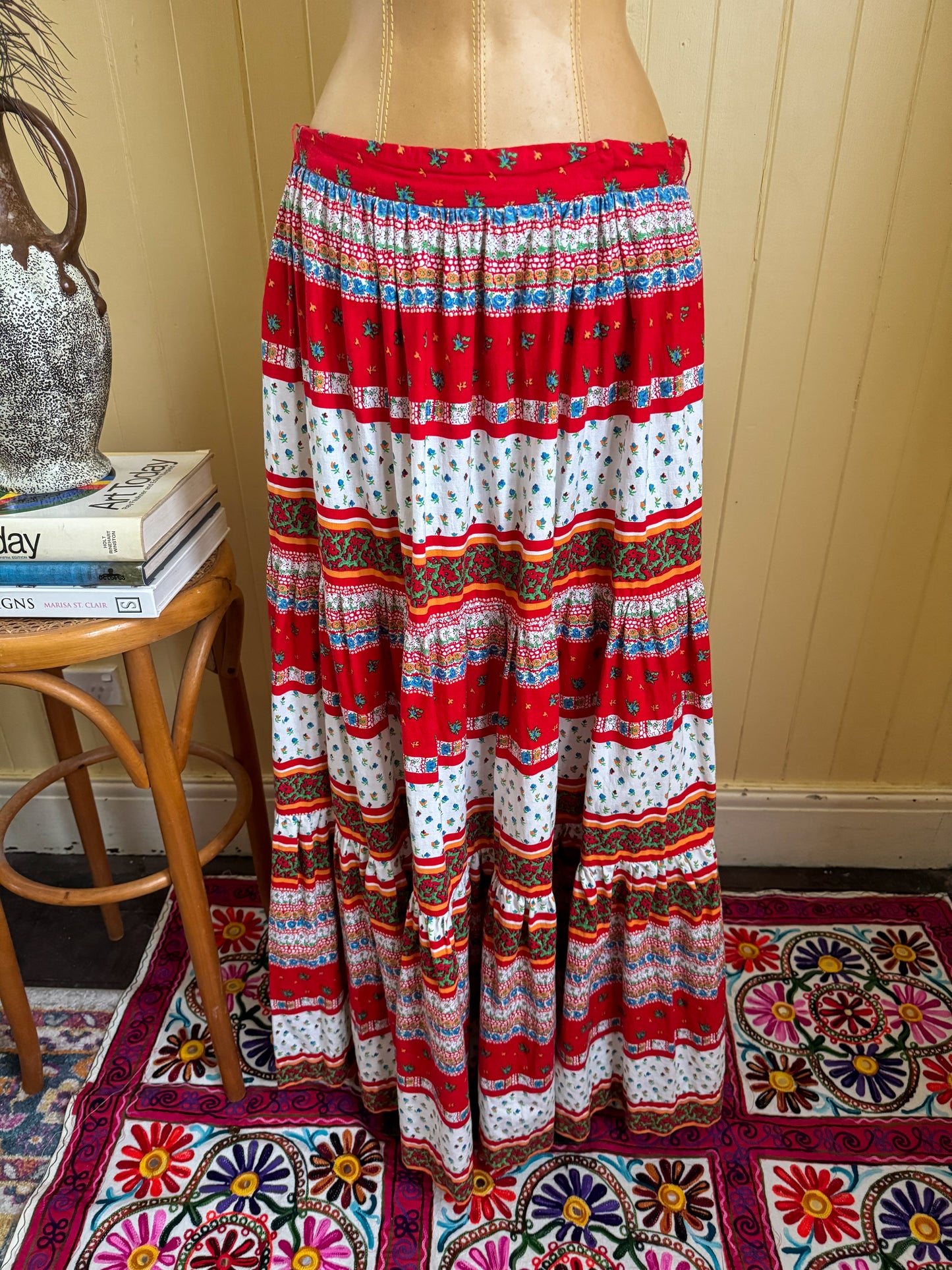 VINTAGE 1970S COTTON MIXED PRINT TIERED PEASANT MAXI SKIRT M