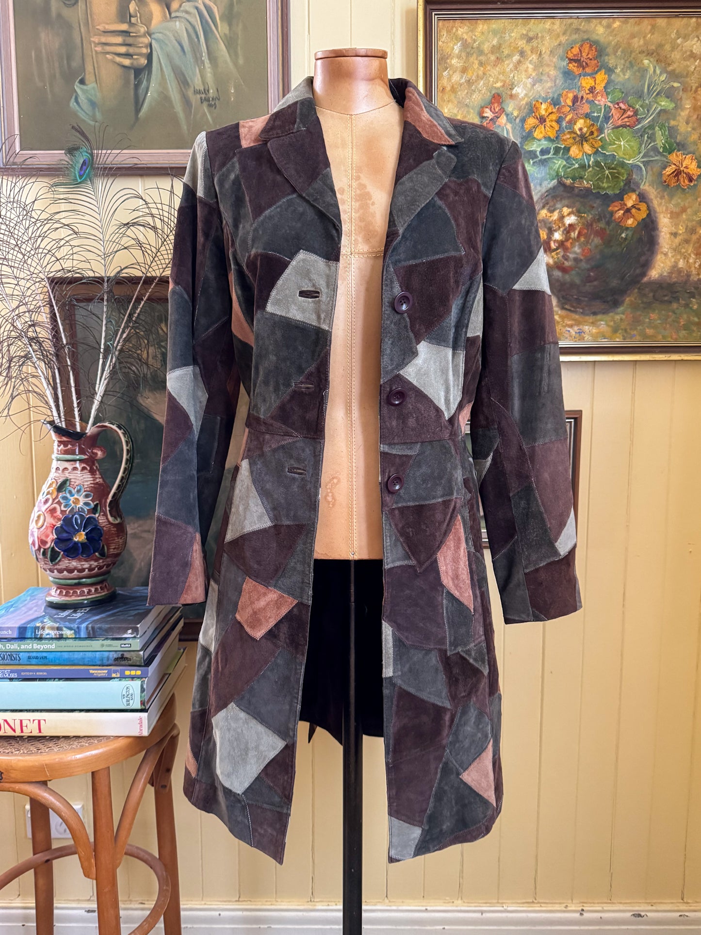 VINTAGE 1990S BEBE SUEDE LEATHER PATCHWORK TRENCH JACKET COAT S/M