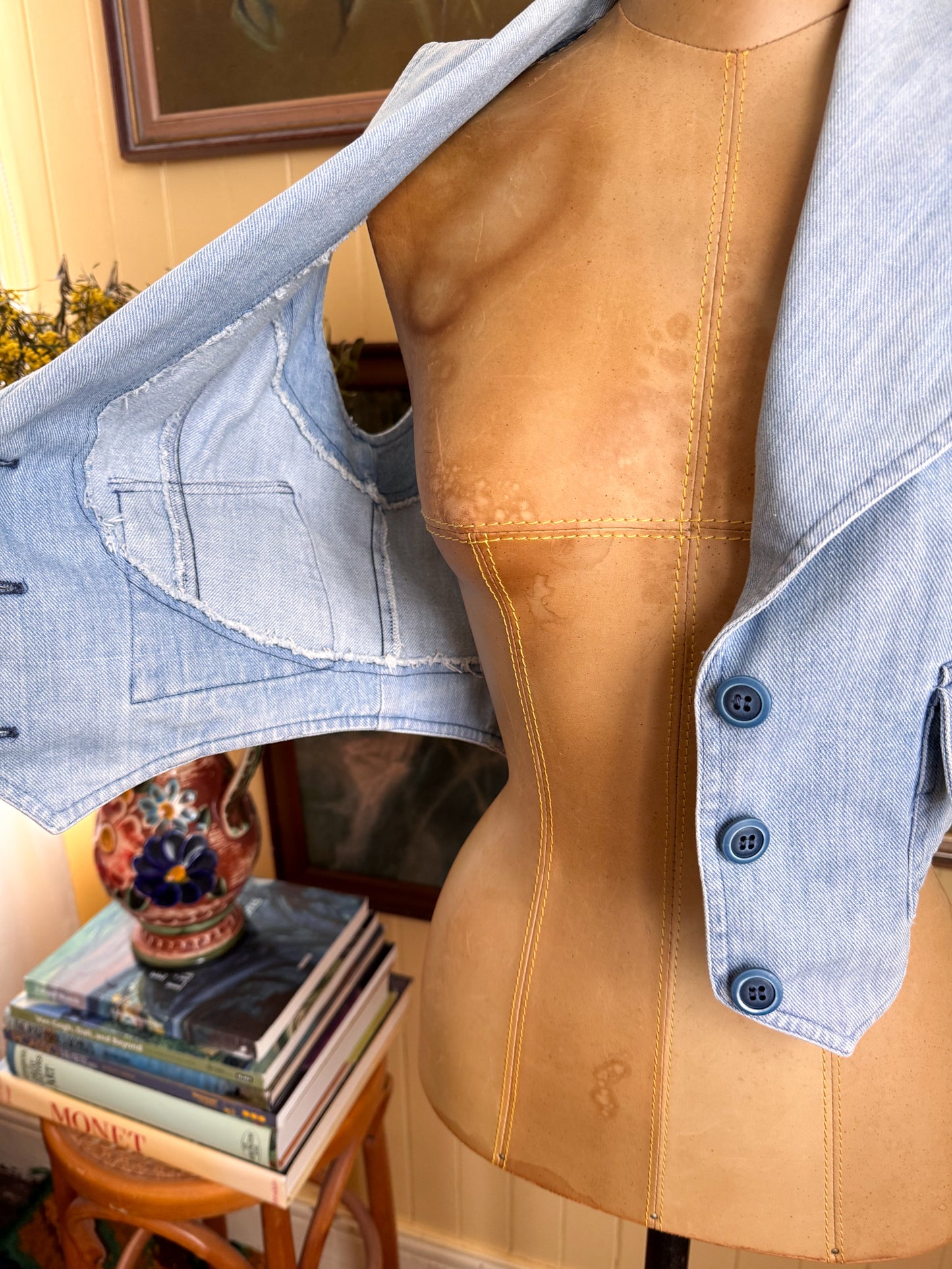 VINTAGE 1970S BIGGLES COTTON DENIM POCKET WAISTCOAT VEST S