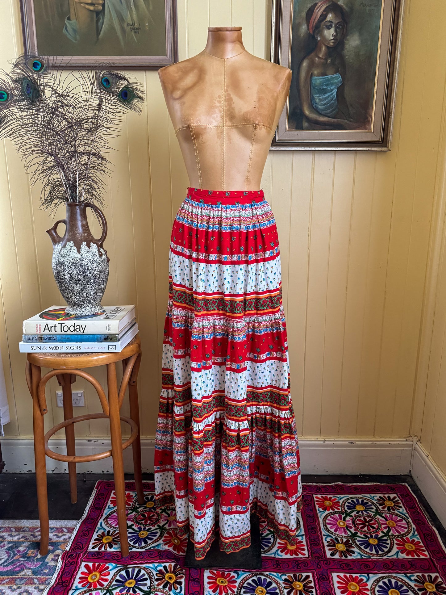 VINTAGE 1970S COTTON MIXED PRINT TIERED PEASANT MAXI SKIRT M