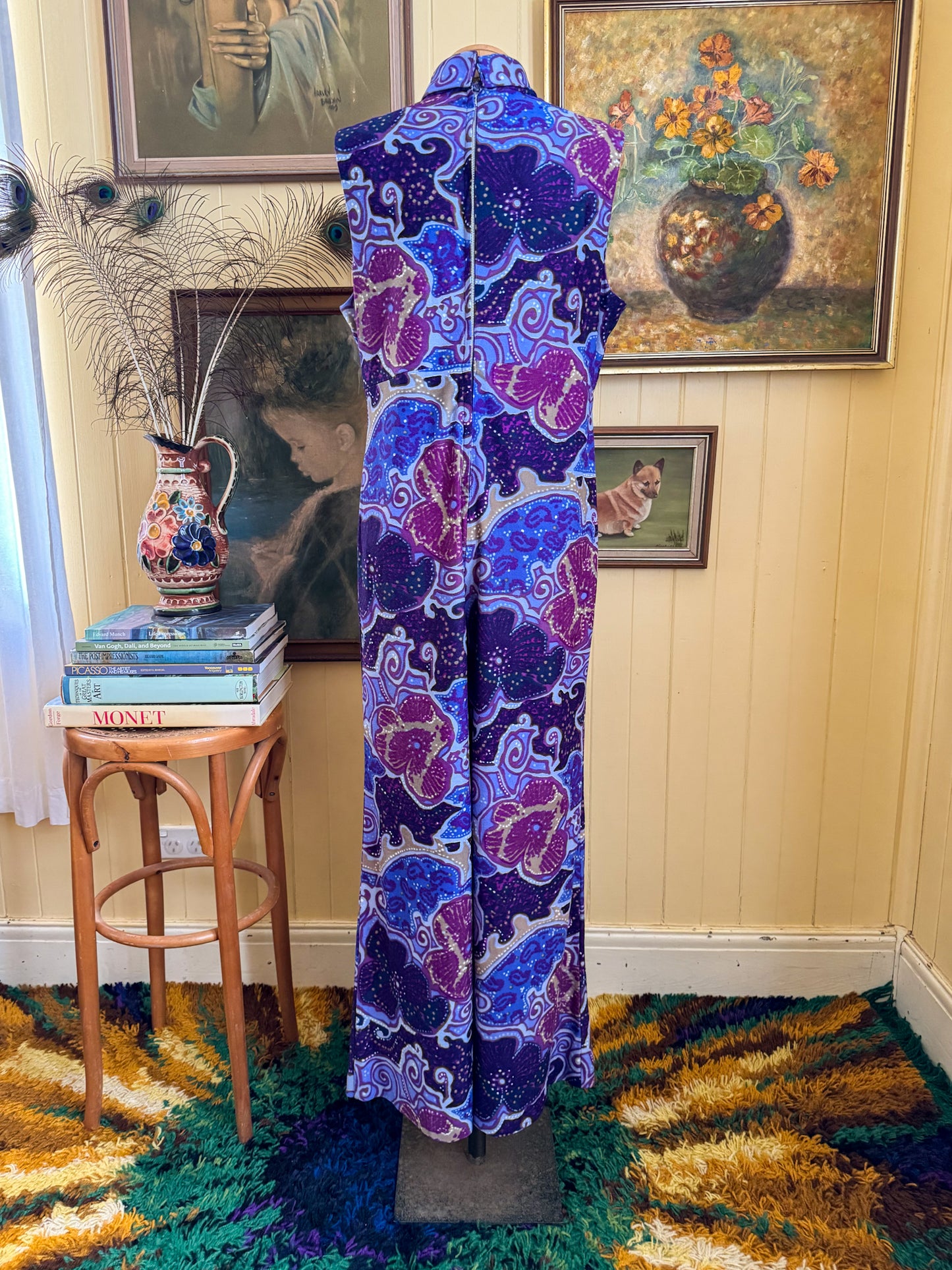 VINTAGE 1970S TRICEL PSYCHEDELIC PRINT WIDE LEG JUMPSUIT M/L