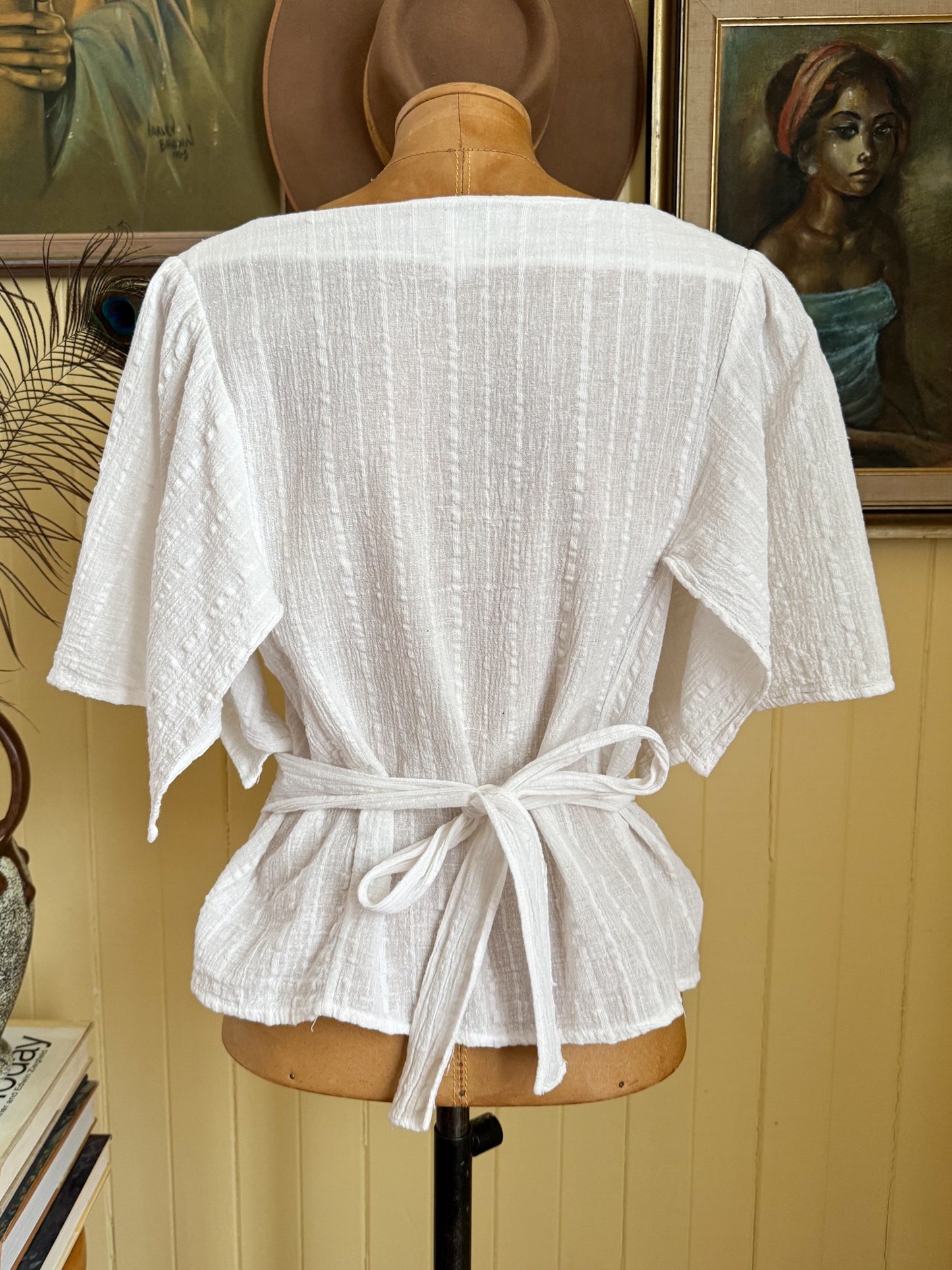 VINTAGE 1970S SHARADE FOR KATIES COTTON CHEESECLOTH CROCHET BLOUSE S/M