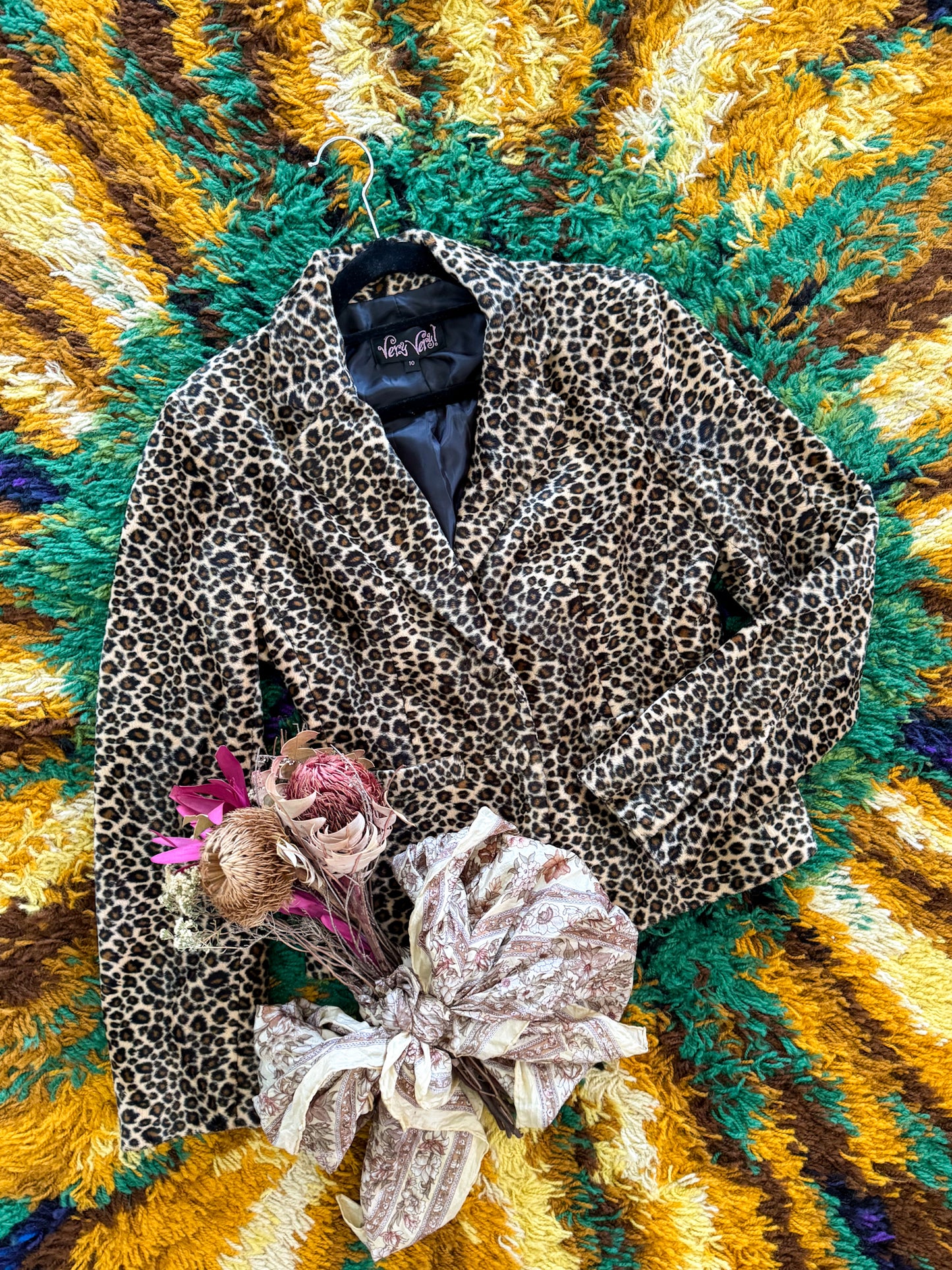 VINTAGE 1990S VERY VERY LEOPARD PRINT VELVET CROPPED BLAZER JACKET S