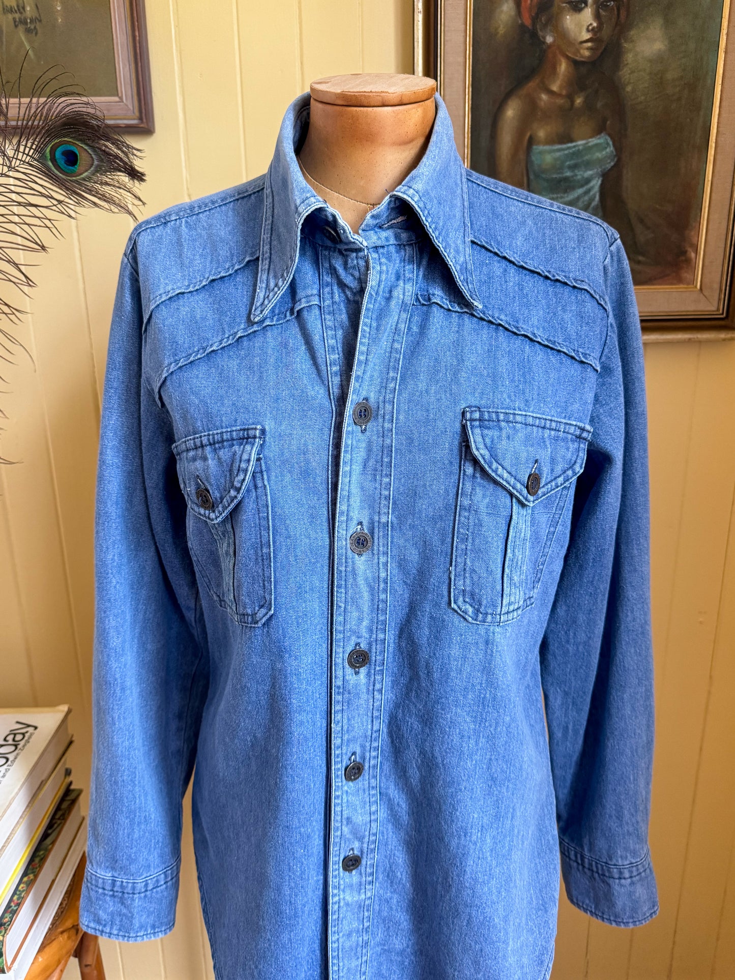 VINTAGE 1970S AMCO COTTON DENIM PATCH POCKET SHIRT JACKET S/M