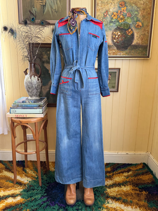 VINTAGE 1970S SCUTTLE COTTON DENIM WIDE LEG JUMPSUIT XS