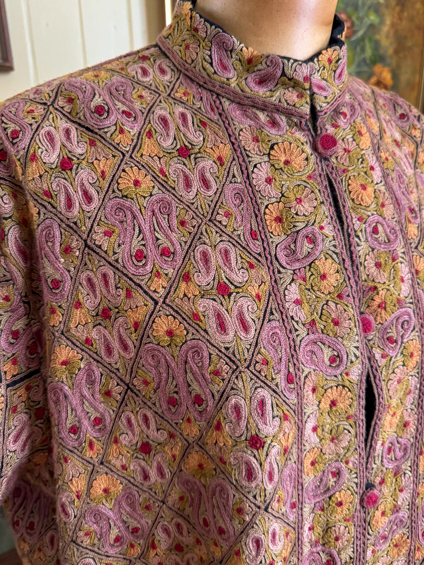 VINTAGE KASHMIR INDIAN PURE WOOL EMBROIDERED BUTTON THROUGH JACKET L