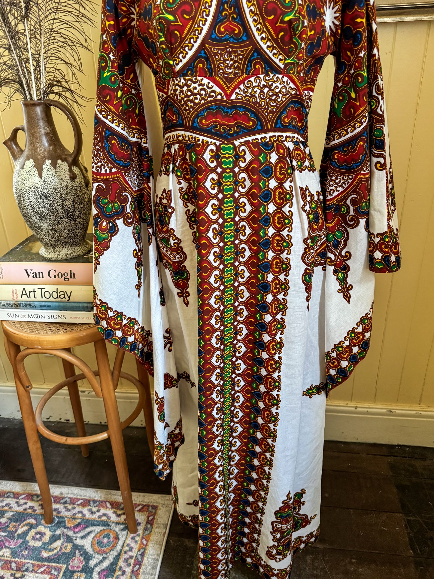 VINTAGE 1970S TWIGA BOU BOUDIMA COTTON PRINT ANGEL SLEEVE MAXI DRESS S