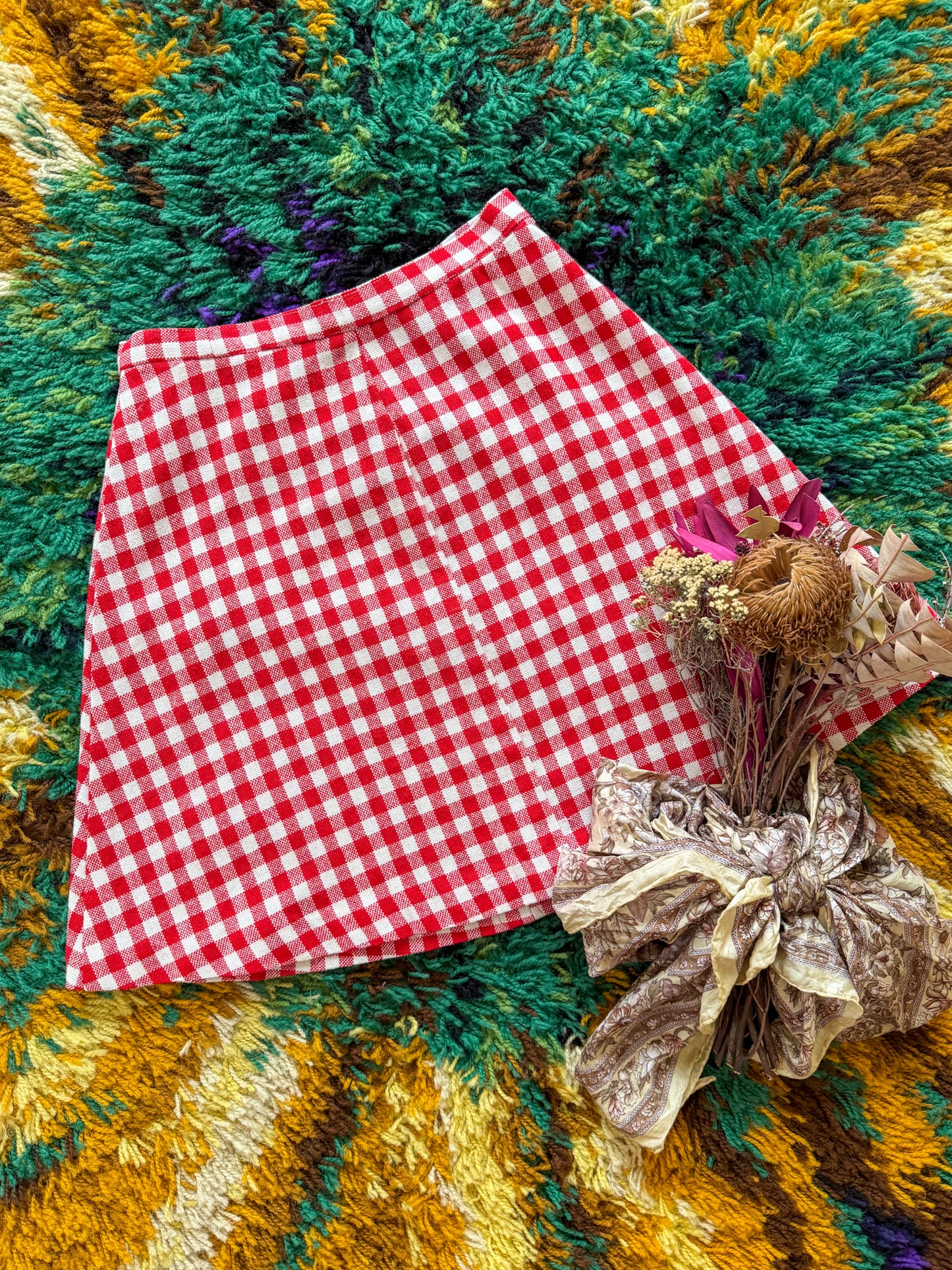 VINTAGE 1970S BINDI OF MELBOURNE WOOL GINGHAM MINI SKIRT S