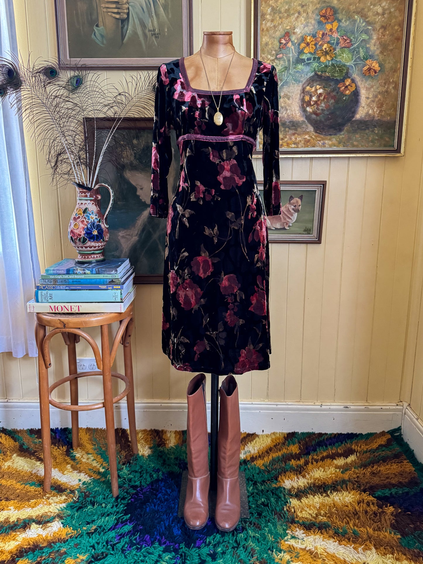 VINTAGE 1990S VELVET FLORAL PRINT BURNOUT RIBBON TRIM MIDI DRESS S/M