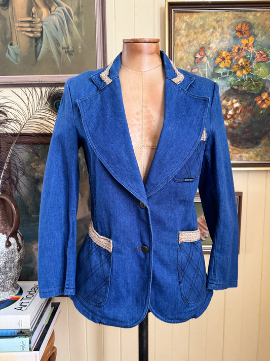 VINTAGE 1970S MATCHBOX COTTON DENIM HESSIAN TRIM FITTED BLAZER JACKET XS/S