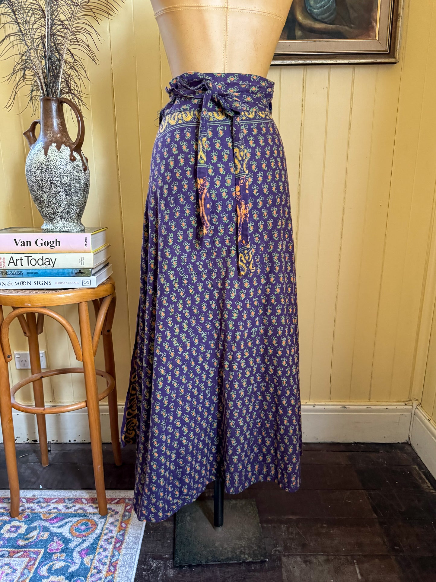 VINTAGE 1970S INDIAN COTTON BLOCK PRINT WRAP MAXI SKIRT S/M