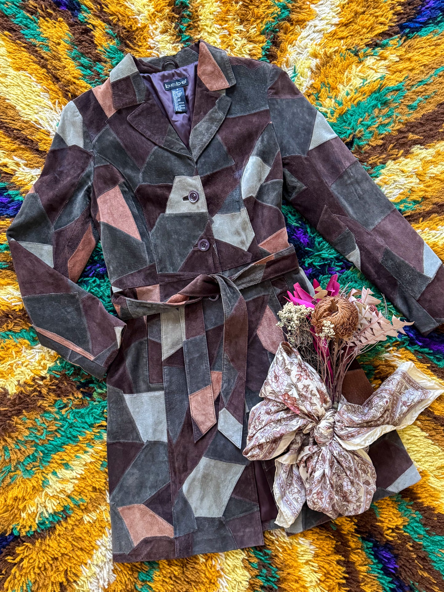 VINTAGE 1990S BEBE SUEDE LEATHER PATCHWORK TRENCH JACKET COAT S/M