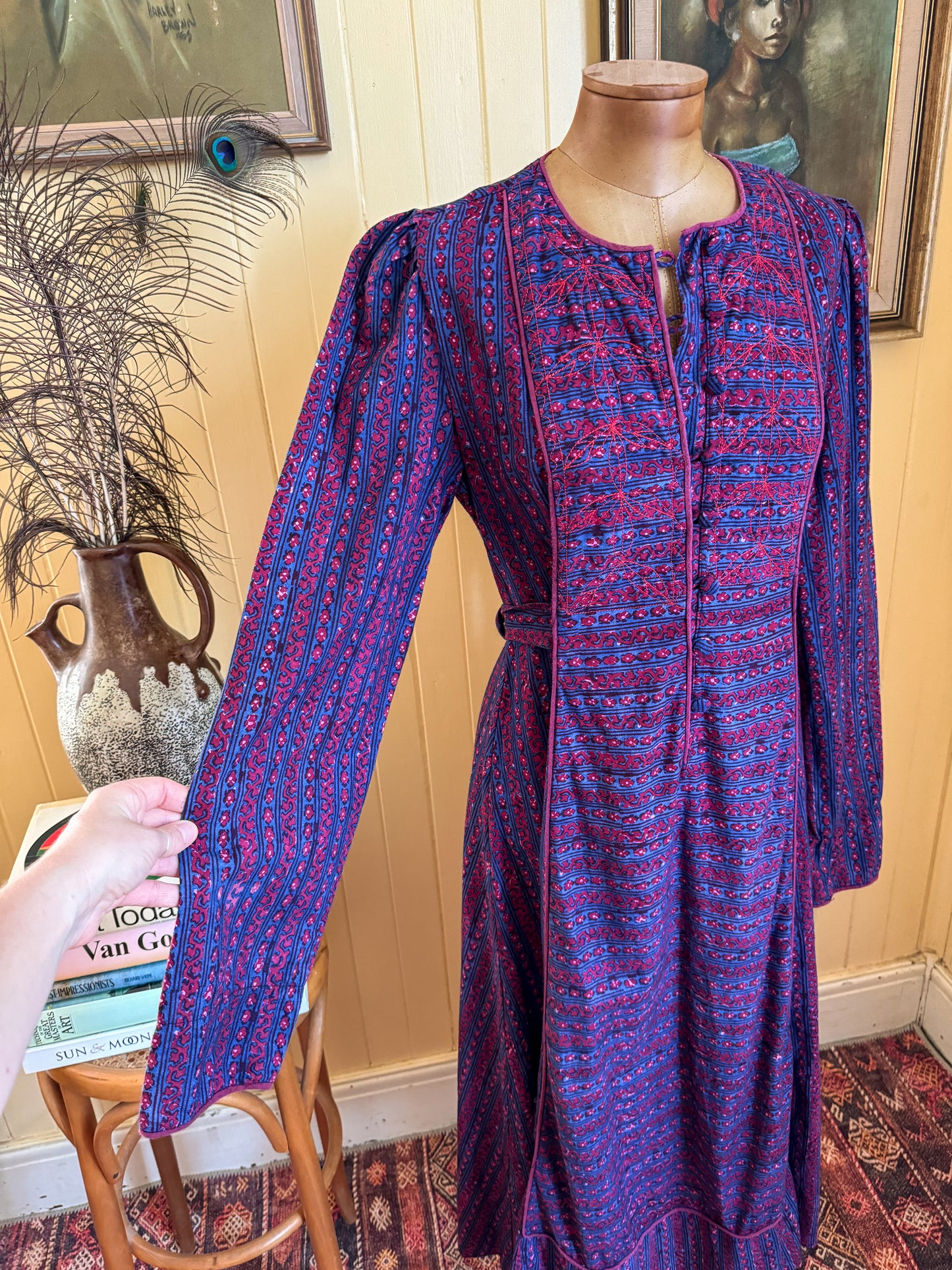 VINTAGE 1970S MAYUR INDIAN COTTON BLOCK PRINT MIDI DRESS M