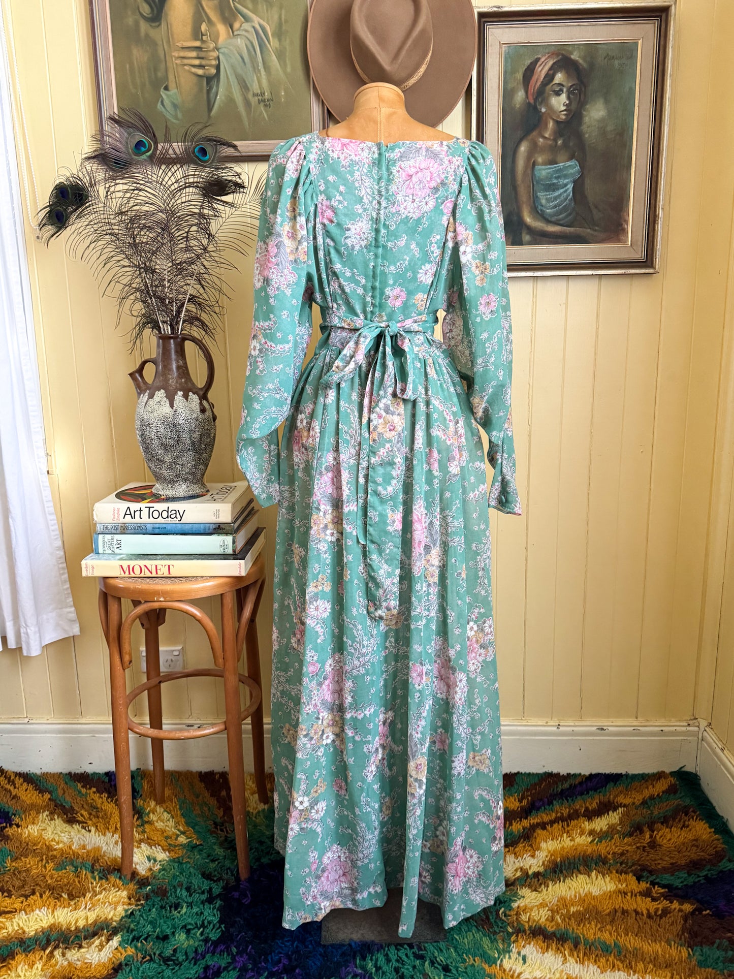 VINTAGE 1970S CRAZY CAT FLORAL COTTON BLEND BALLOON SLEEVE PRAIRIE MAXI DRESS S