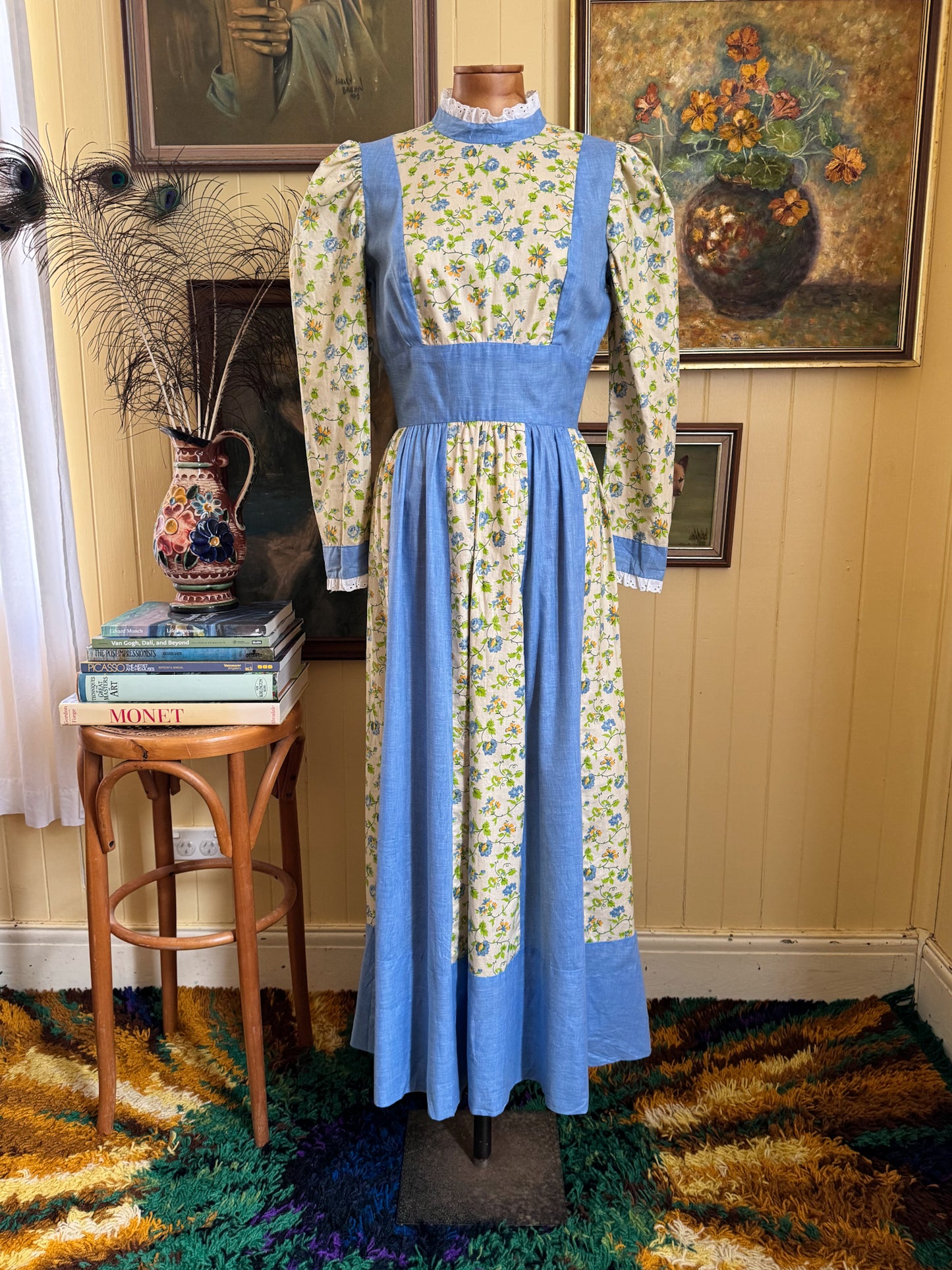 VINTAGE 1970S HANDMADE COTTONl VICTORIANA MAXI PRAIRIE DRESS XS