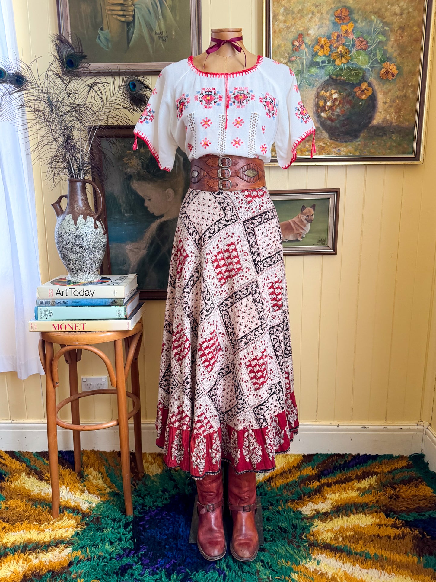 VINTAGE 1980S ROMANIAN WOVEN EMBROIDERED PEASANT BLOUSE TOP M