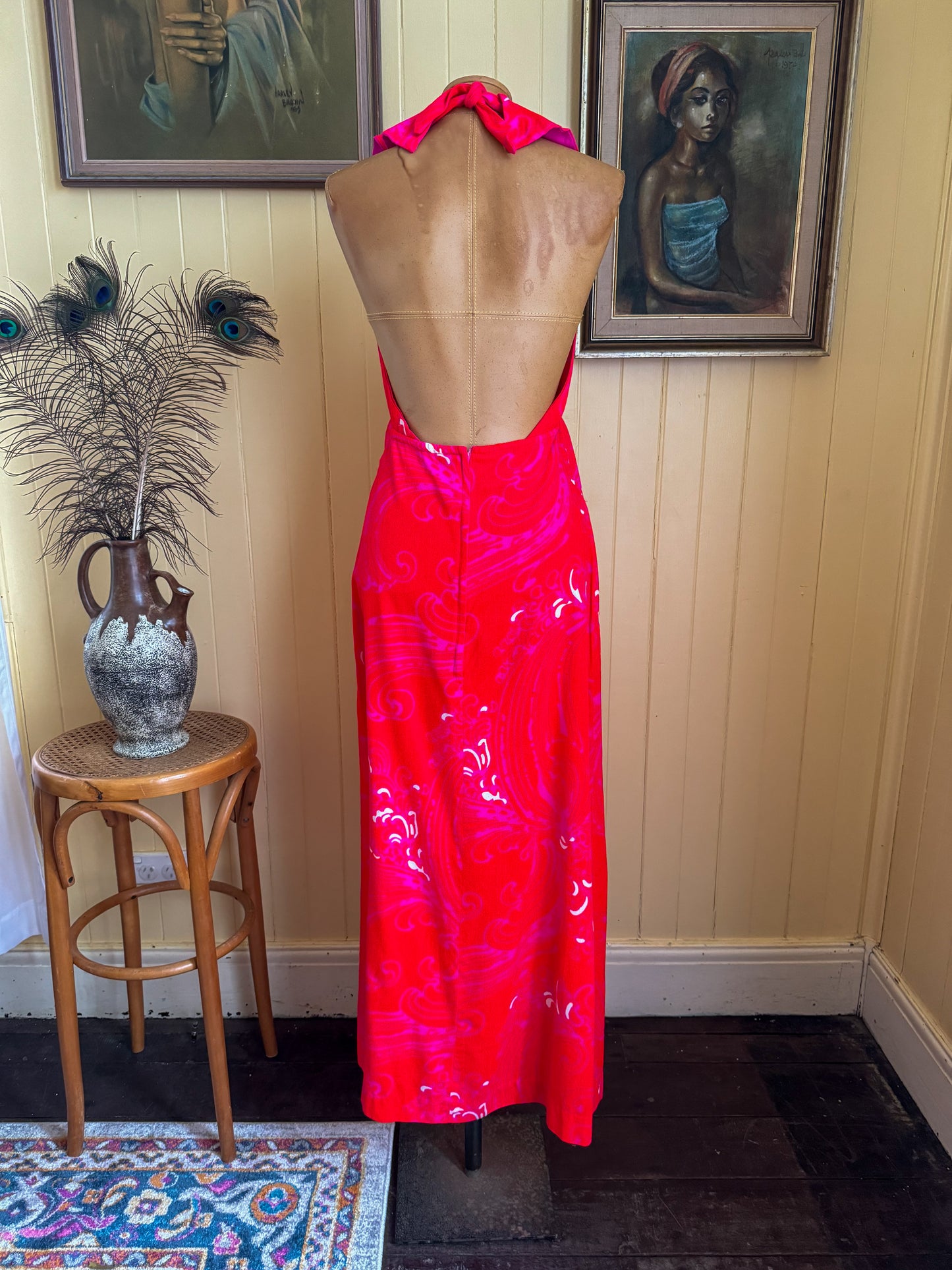 VINTAGE 1970S ROBIN HAWAII COTTON FLORAL PRINT HALTER MAXI DRESS S