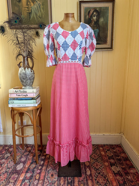 VINTAGE 1970S ANDRÉ LONDON COTTON GINGHAM PRINT MAXI PRAIRIE DRESS S