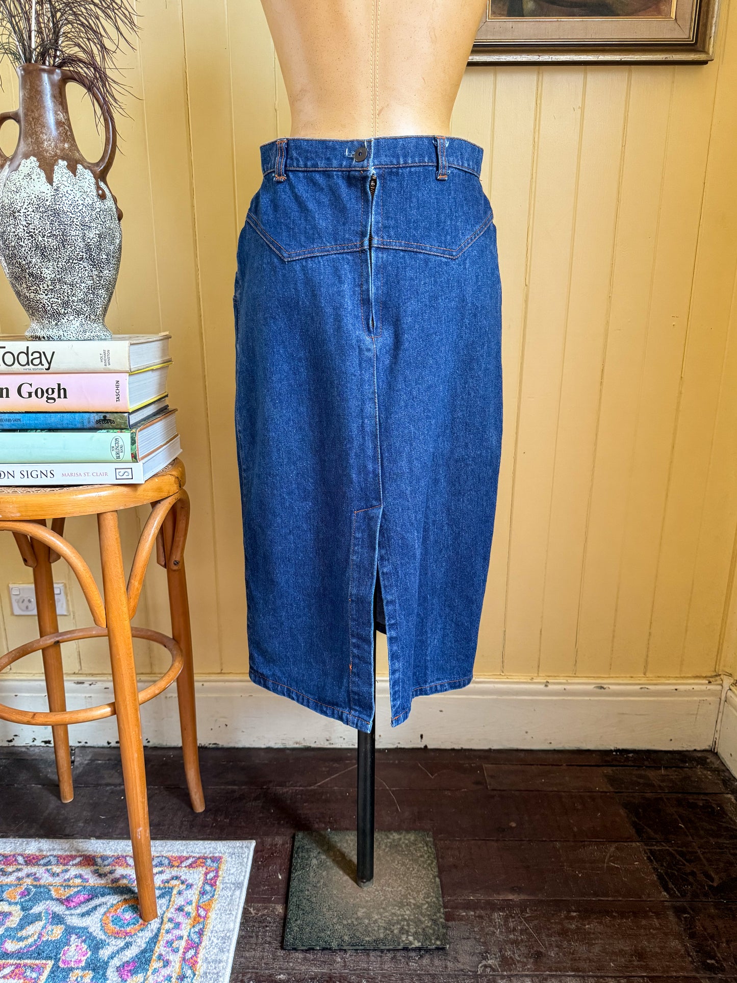 VINTAGE 1980S TRICK SHOT COTTON DENIM MIDI PENCIL SKIRT S