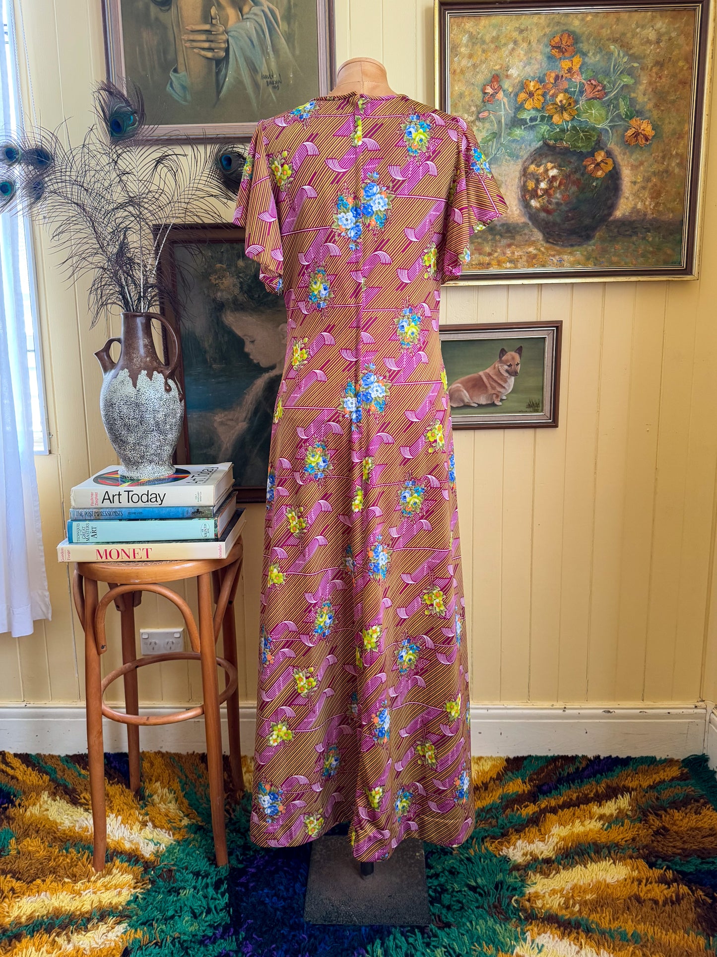 VINTAGE 1970S NYLON PSYCHEDELIC FLORAL PRINT MAXI DRESS M