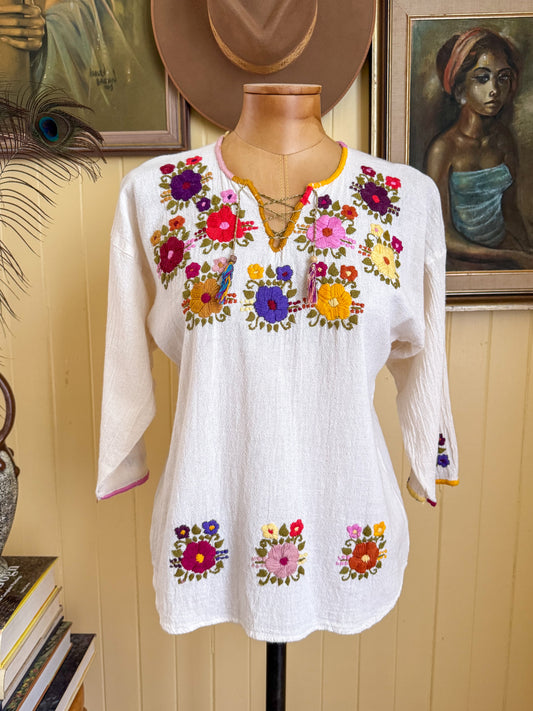 VINTAGE MEXICAN COTTON EMBROIDERED LONG SLEEVE FOLK BLOUSE S