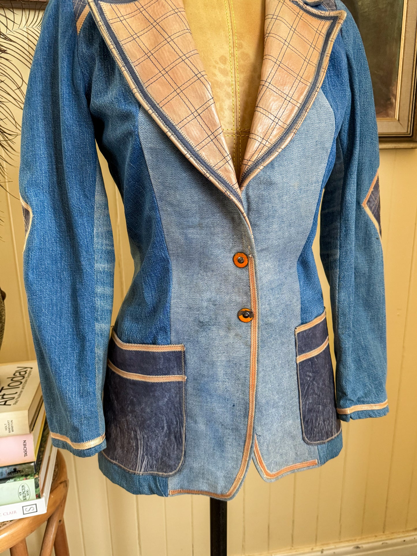 VINTAGE 1970S MIUZA FRANCE DENIM AND LEATHER BLAZER JACKET XS