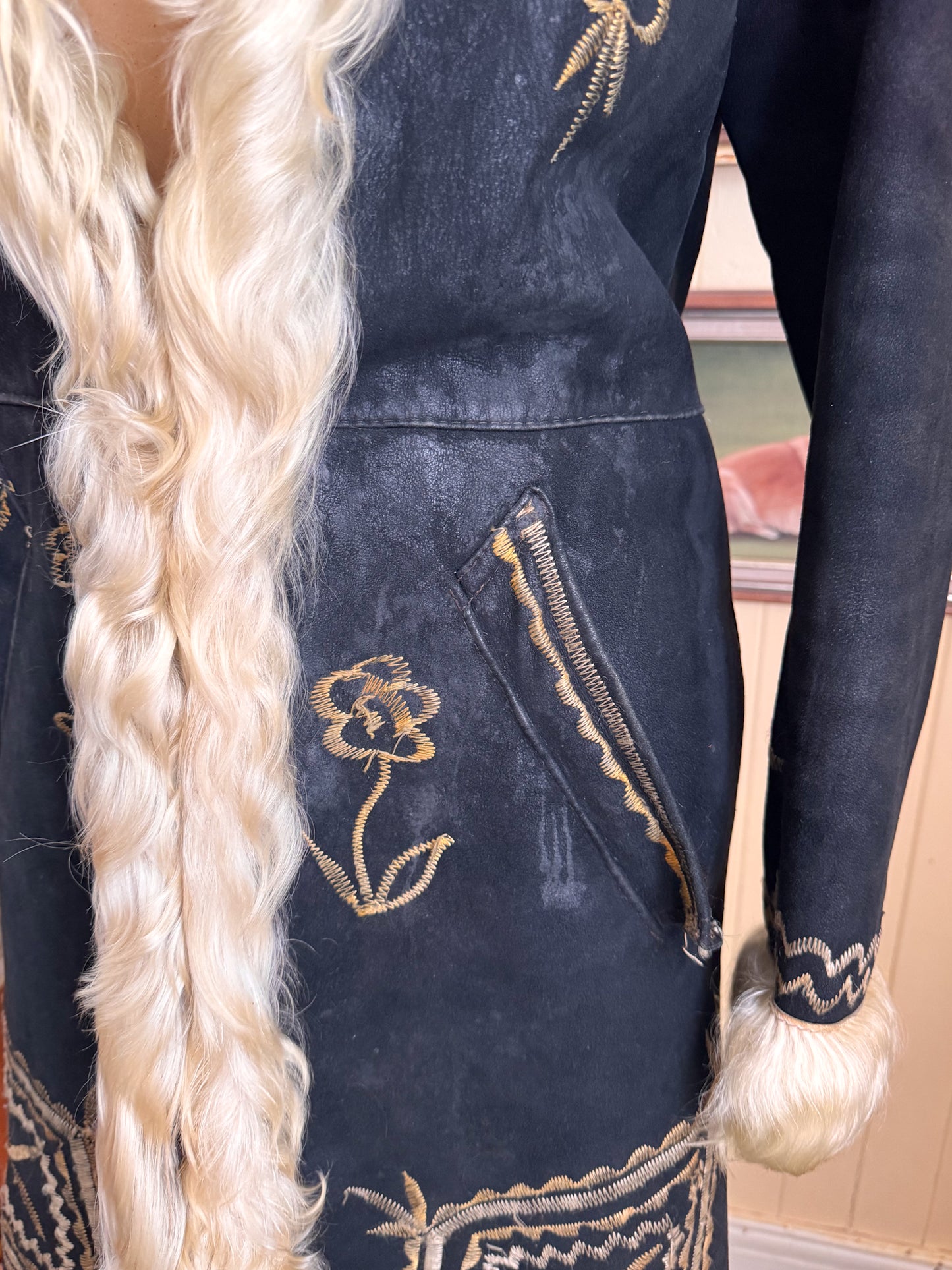 VINTAGE 1960S RARE AFGHAN SUEDE LEATHER MONGOLIAN WOOL PENNY LANE EMBROIDERED LONG COAT S