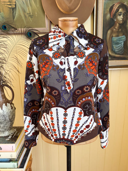VINTAGE 1970S J BY JAYS POLY PSYCHEDELIC PRINT COLLARED TOP S