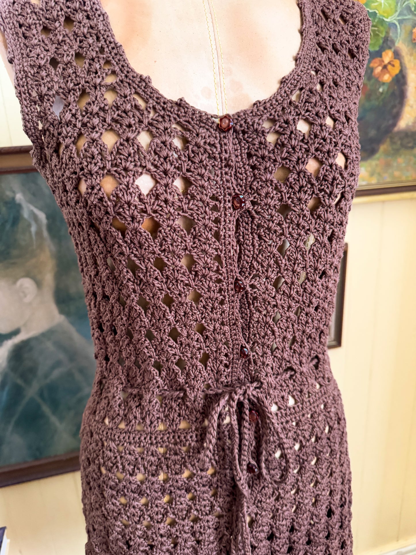 VINTAGE 1970S HANDMADE COCOA COTTON CROCHET BUTTON THROUGH MIDI DRESS S/M