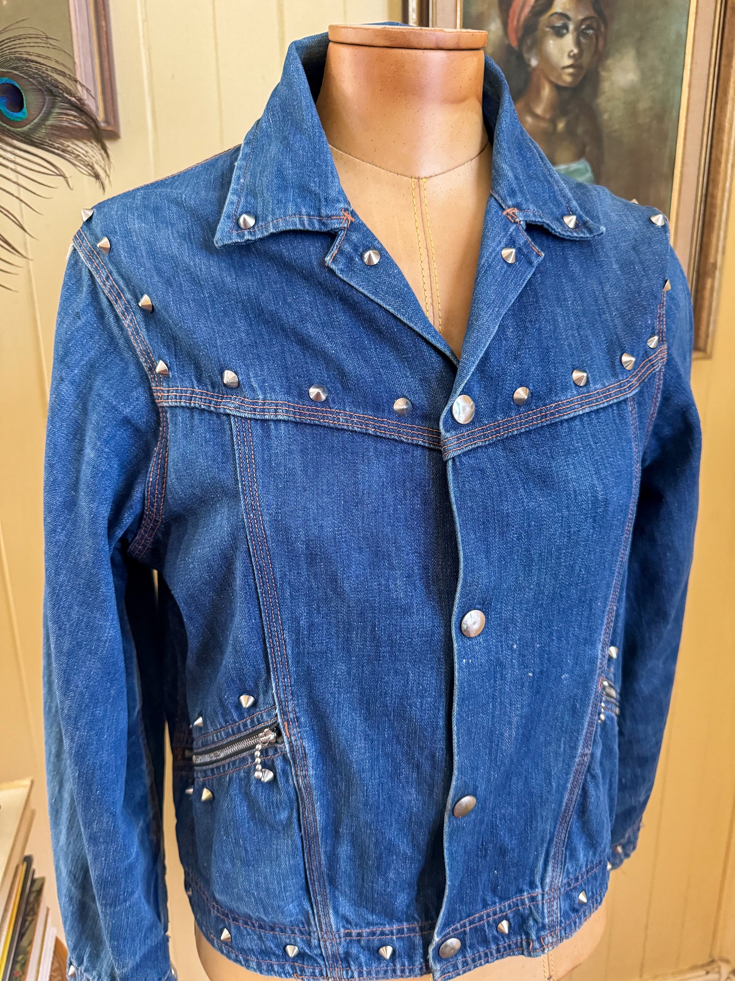 VINTAGE 1970S AMCO COTTON DENIM STUDDED CROPPED JACKET S