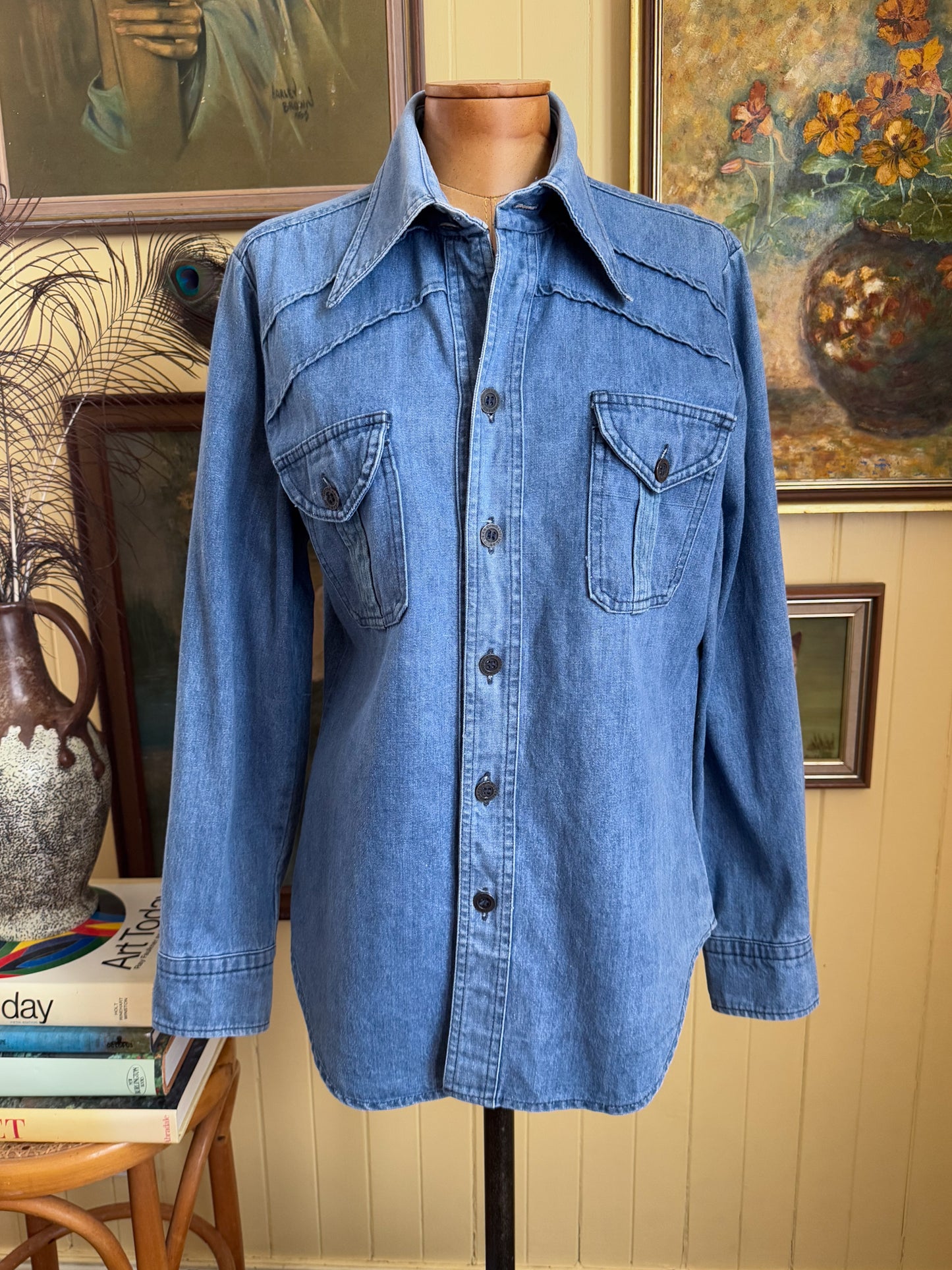 VINTAGE 1970S AMCO COTTON DENIM PATCH POCKET SHIRT JACKET M