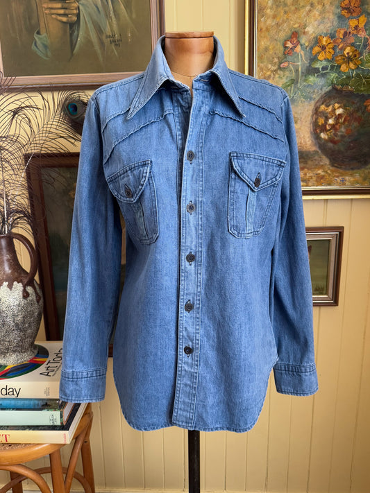 VINTAGE 1970S AMCO COTTON DENIM PATCH POCKET SHIRT JACKET M