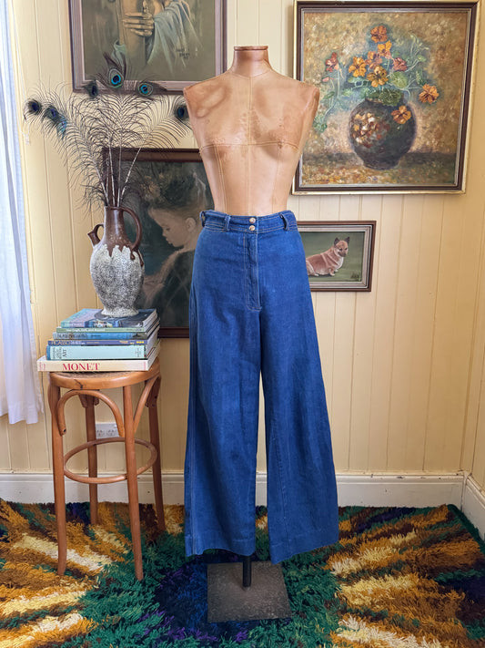 VINTAGE 1970S LAD WIDE STRAIGHT LEG HIGH WAIST DENIM JEANS M/L