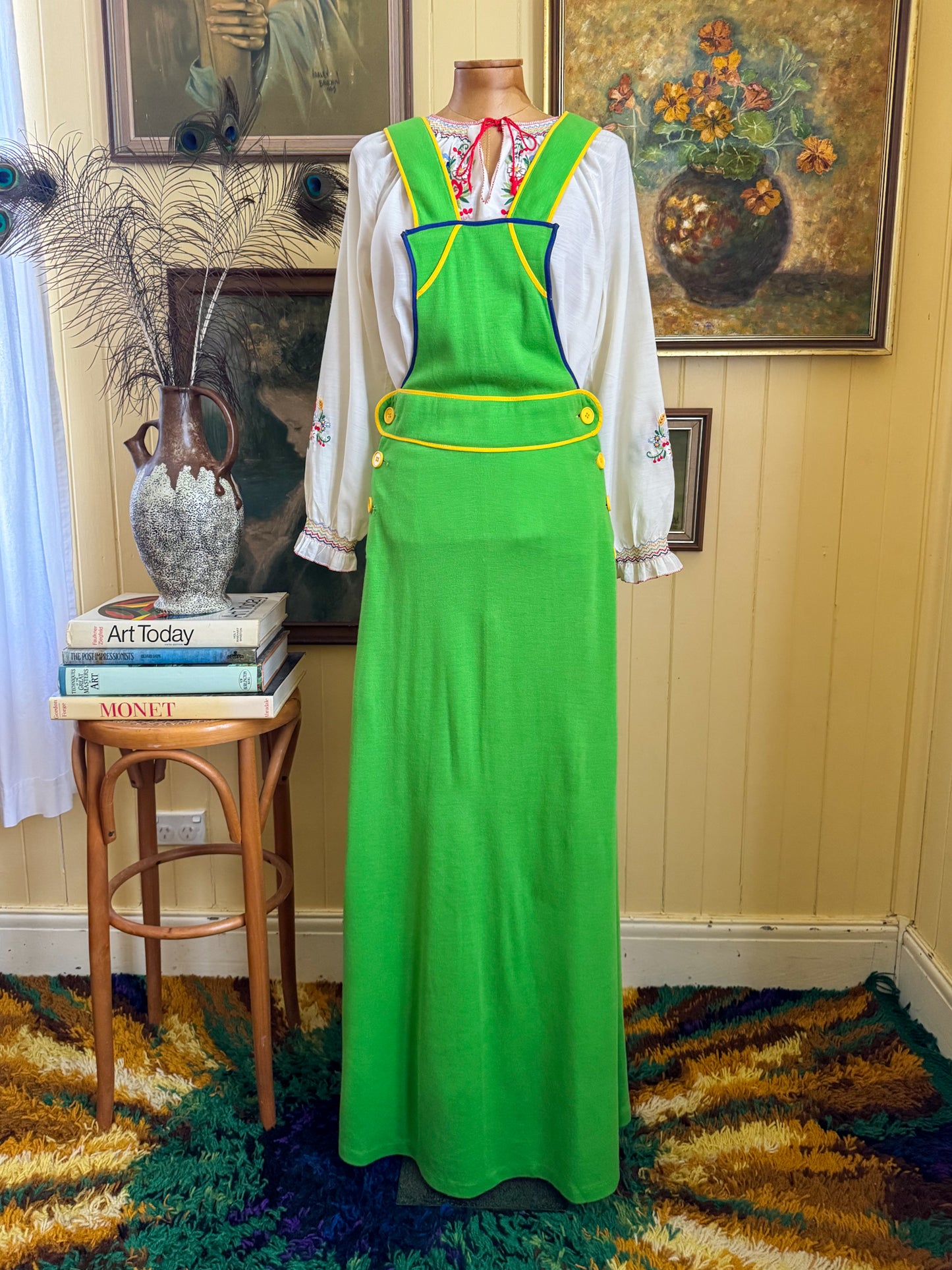 VINTAGE 1970S DARLING OF MELBOURNE ACRYLIC LIME GREEN PINAFORE MAXI DRESS S