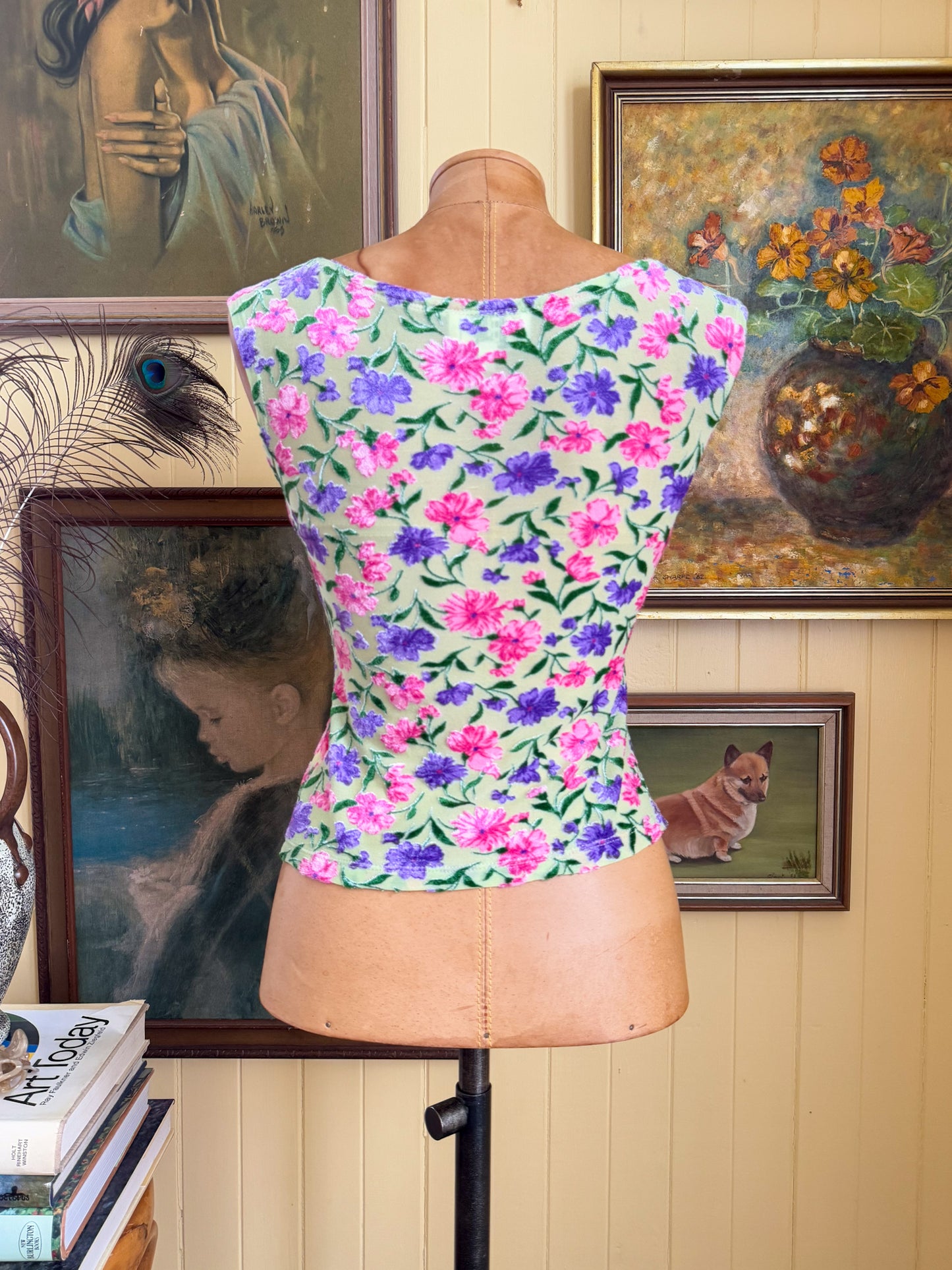 VINTAGE 1990S AUSTRALIAN PIERUCCI FLORAL VELVET BURNOUT TANK TOP S