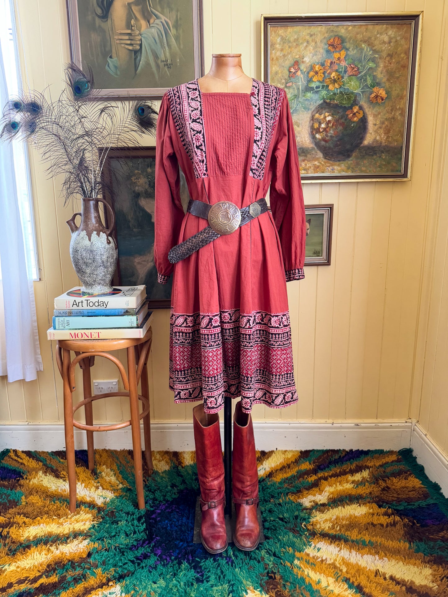 VINTAGE 1970S IMPORTIQUE INDIAN COTTON BLOCK PRINT MIDI SMOCK DRESS M