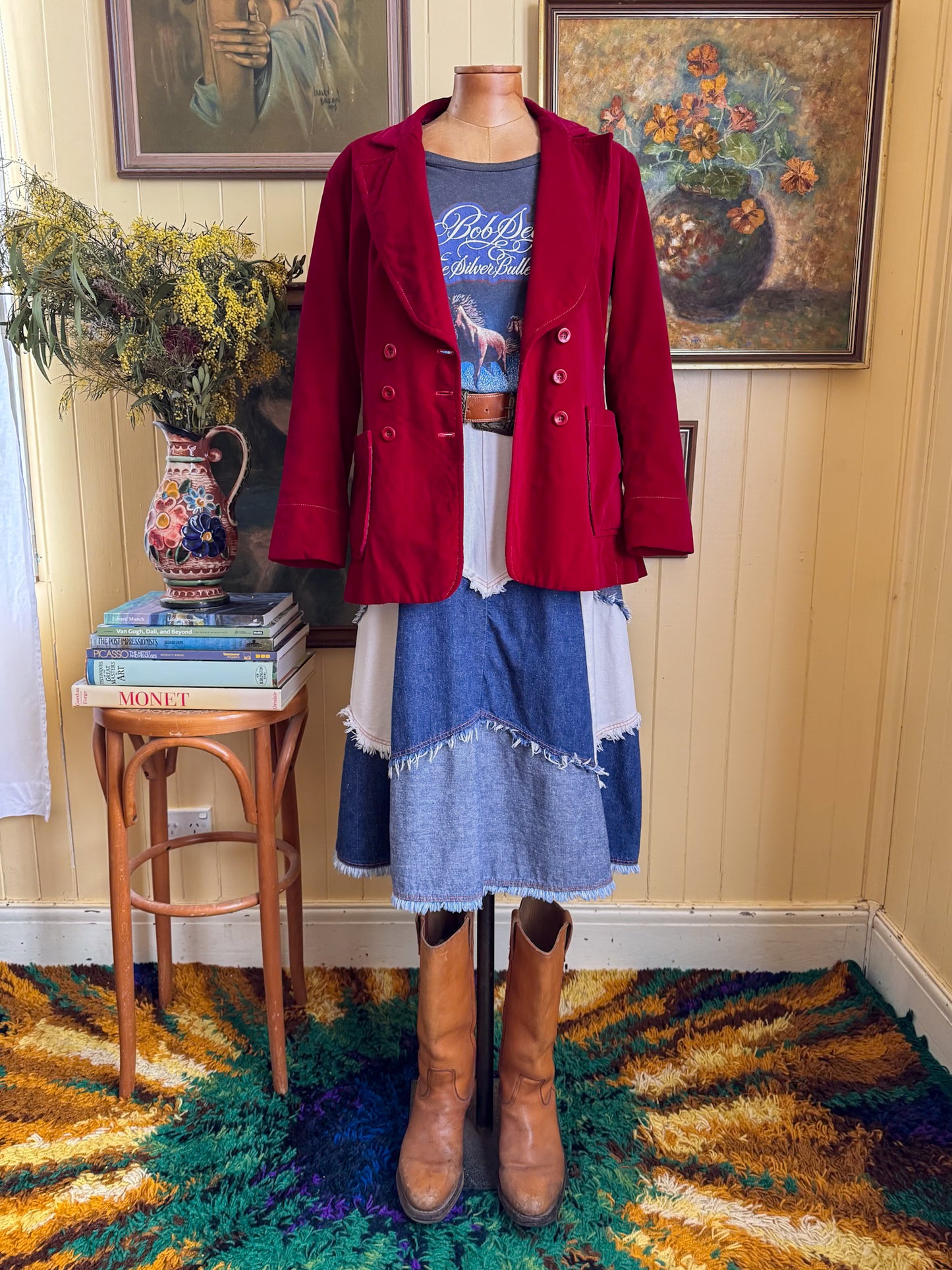 VINTAGE 1970S JC PENNEY COTTON DENIM PATCHWORK A-LINE MIDI SKIRT M
