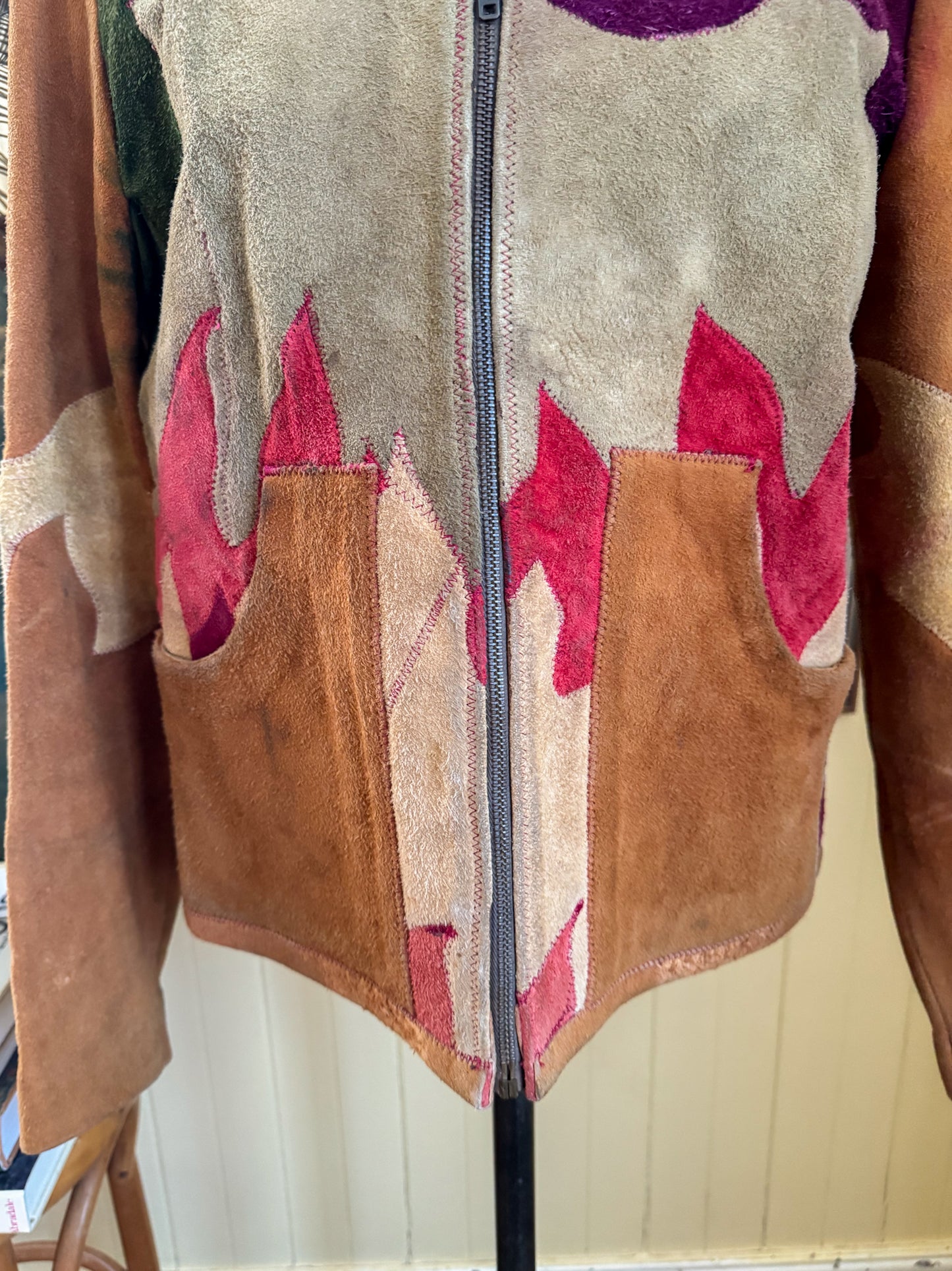 VINTAGE 1970S RARE BURRAY OLSON HAND PAINTED SUN PATCHWORK SUEDE LEATHER JACKET M