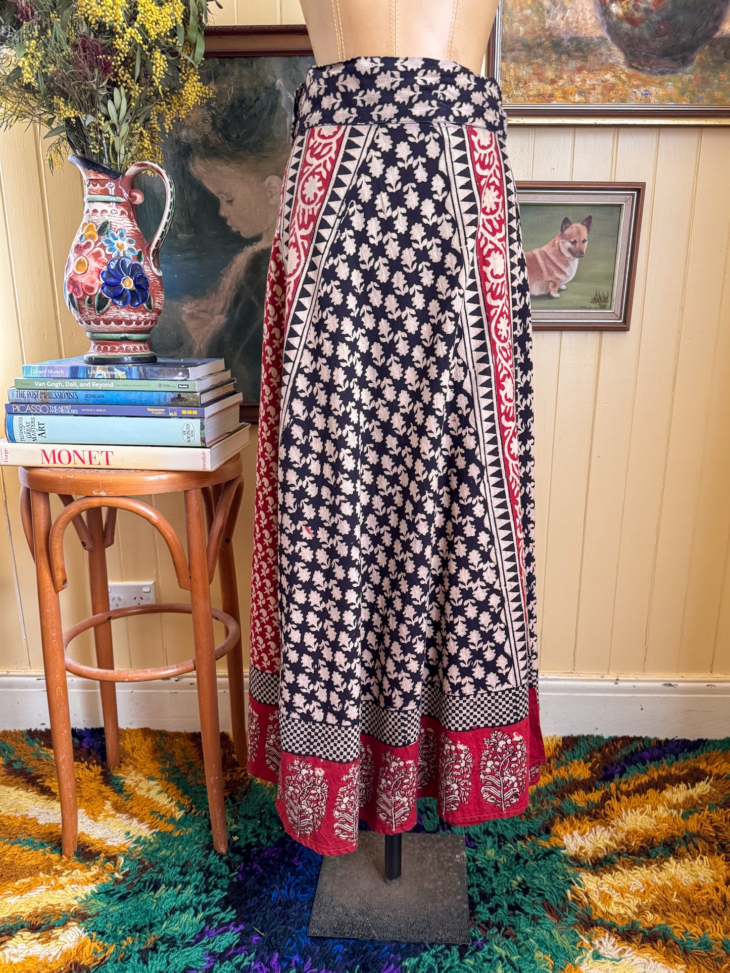 VINTAGE 1970S IVI INDIAN COTTON BLOCK PRINT WRAP MAXI SKIRT M