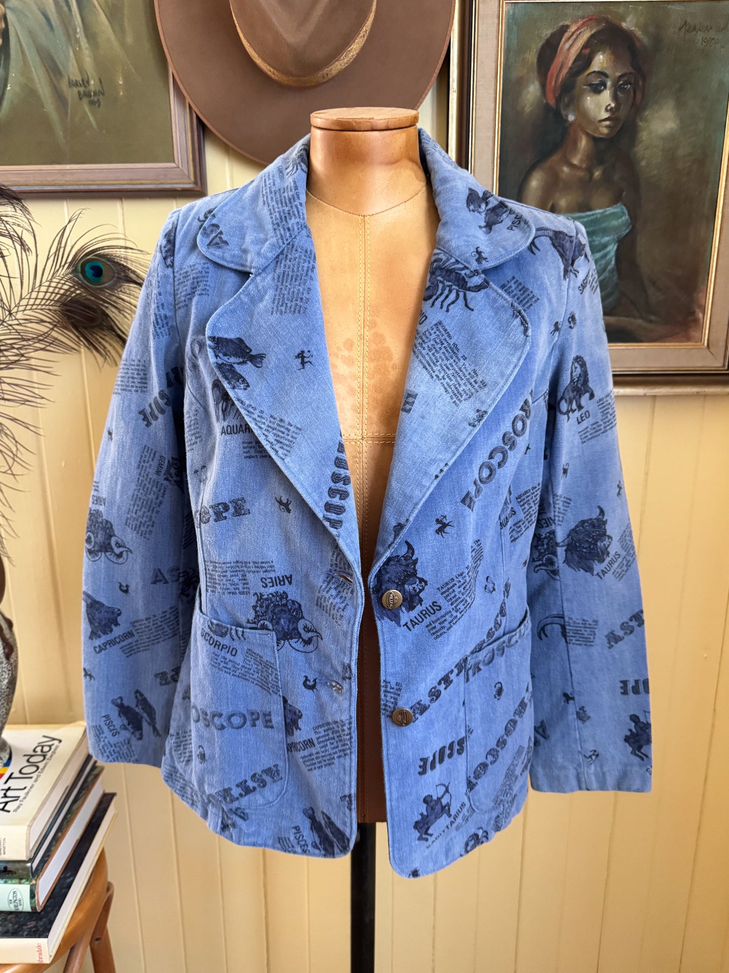 VINTAGE 1970S WALCO COTTON DENIM ASTROSCOPE PRINT BLAZER JACKET S