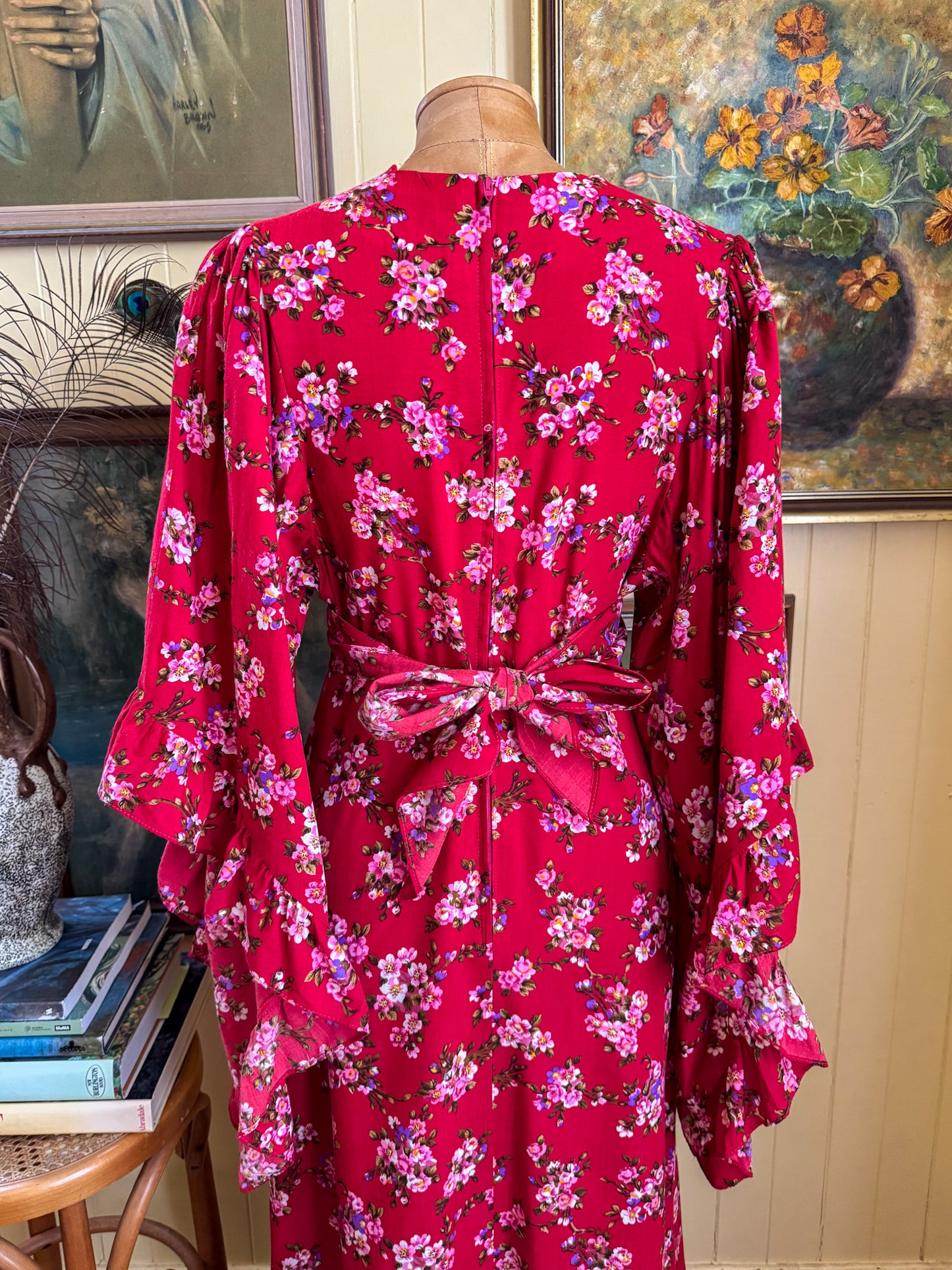 VINTAGE 1970S ARC COTTON ANGEL SLEEVE FLORAL PRINT MAXI DRESS S/M