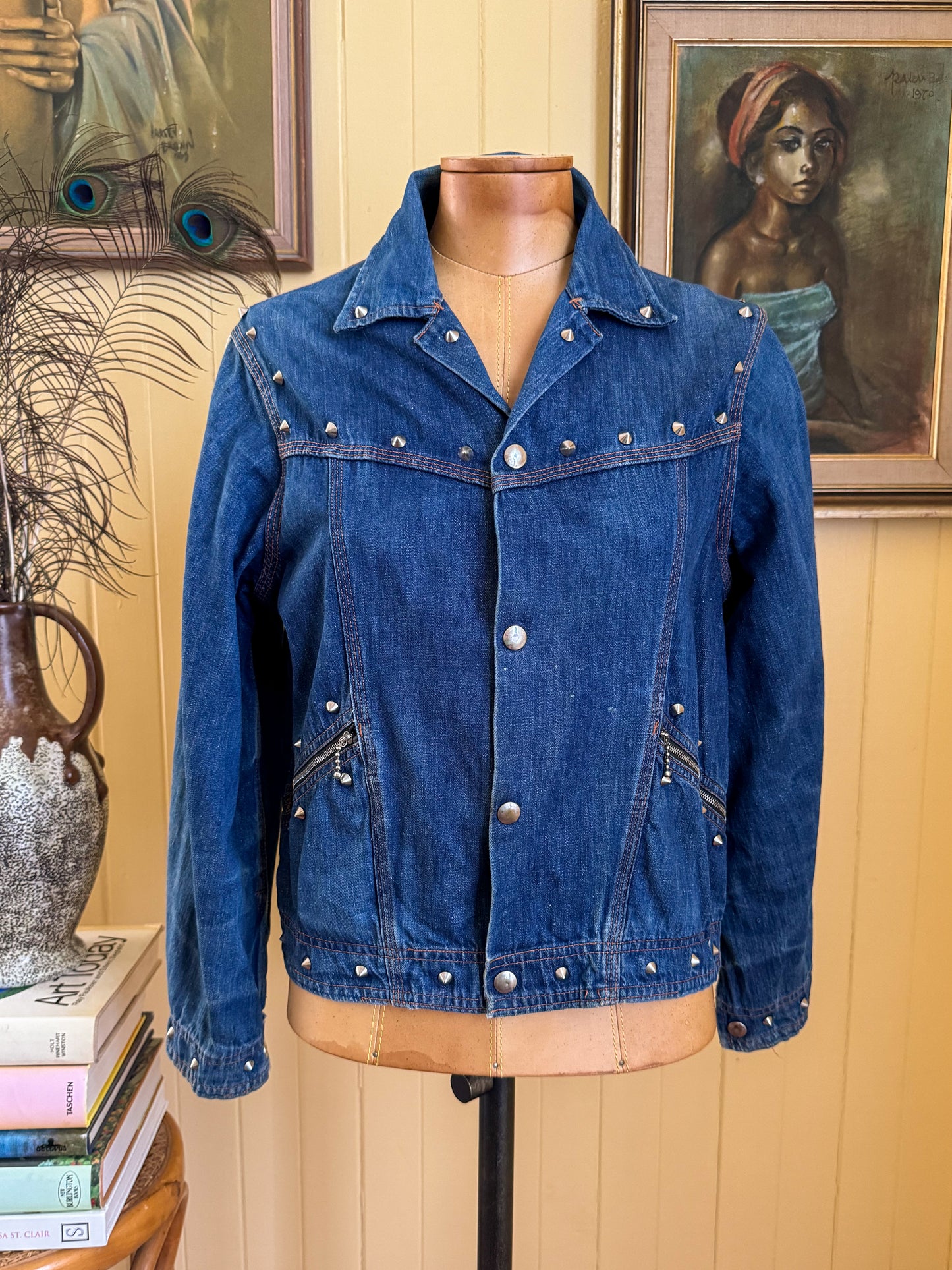 VINTAGE 1970S AMCO COTTON DENIM STUDDED CROPPED JACKET S